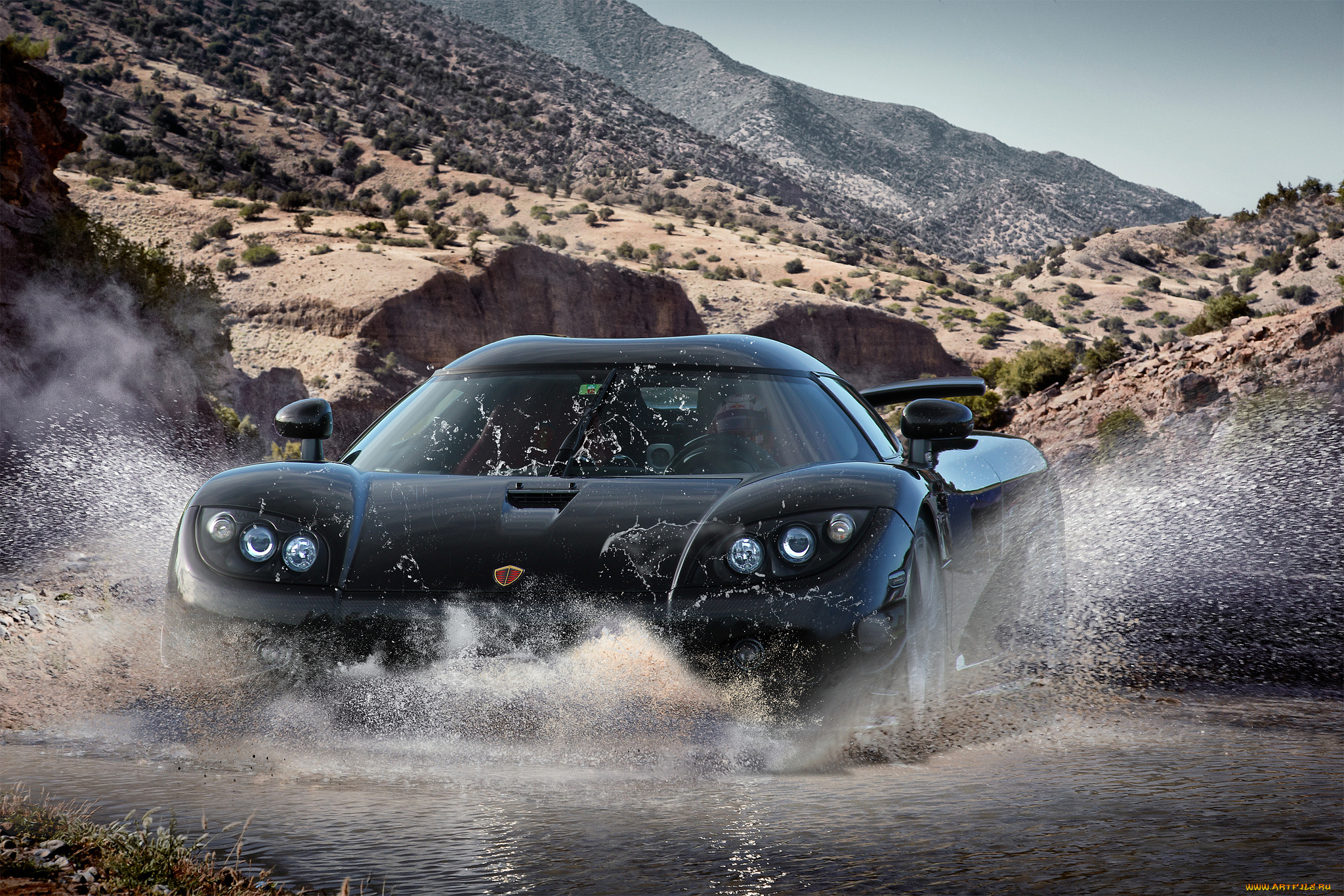 автомобили, koenigsegg, ccxr, black, front, кенигсег, чёрный, горы, ручей, брызги