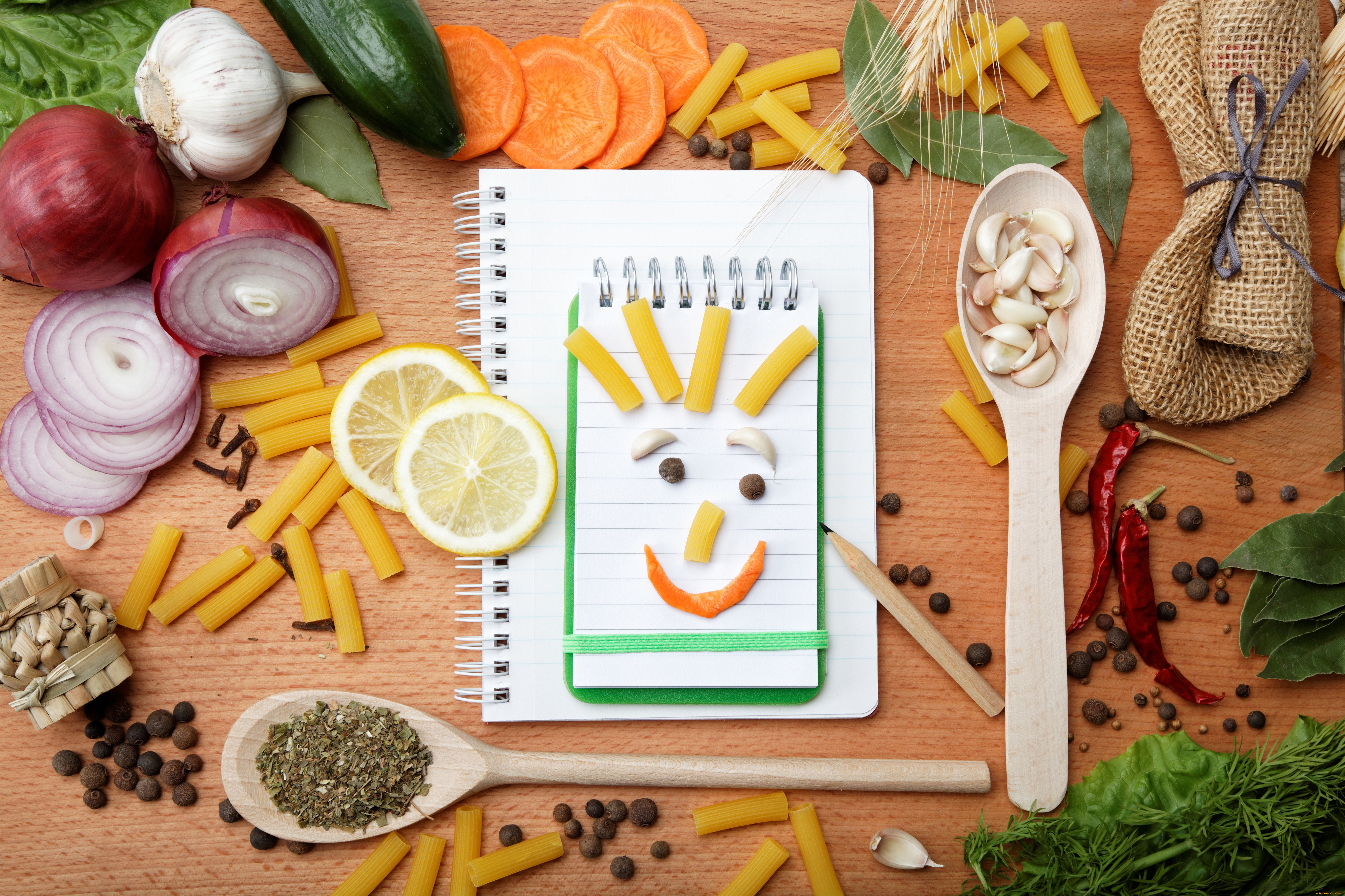 еда, разное, перец, лук, чеснок, макароны, ежедневник, блокнот, специи, приправы, овощи