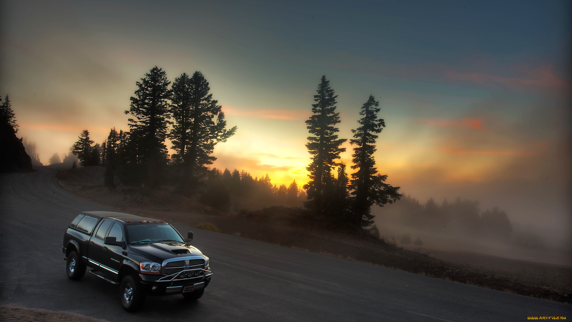 автомобили, dodge, лес, закат