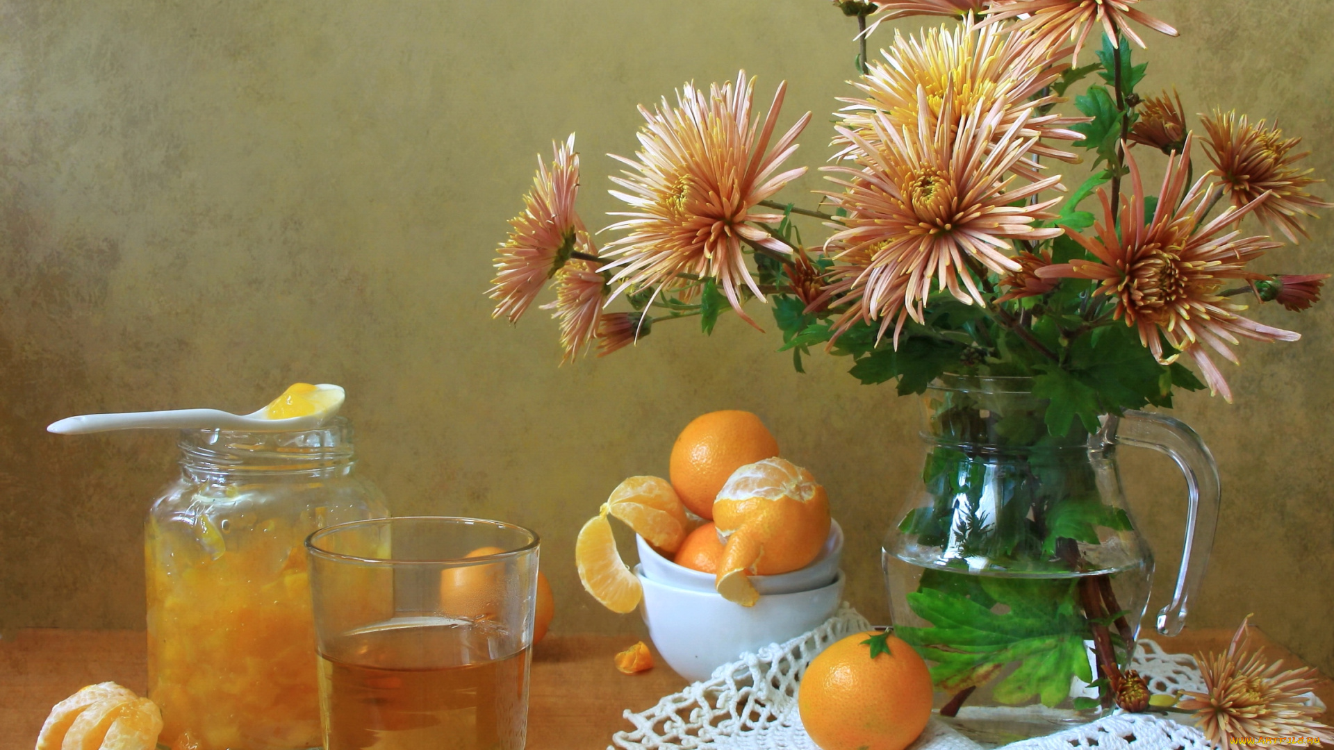 еда, натюрморт, хризантемы, сок, апельсины, джем