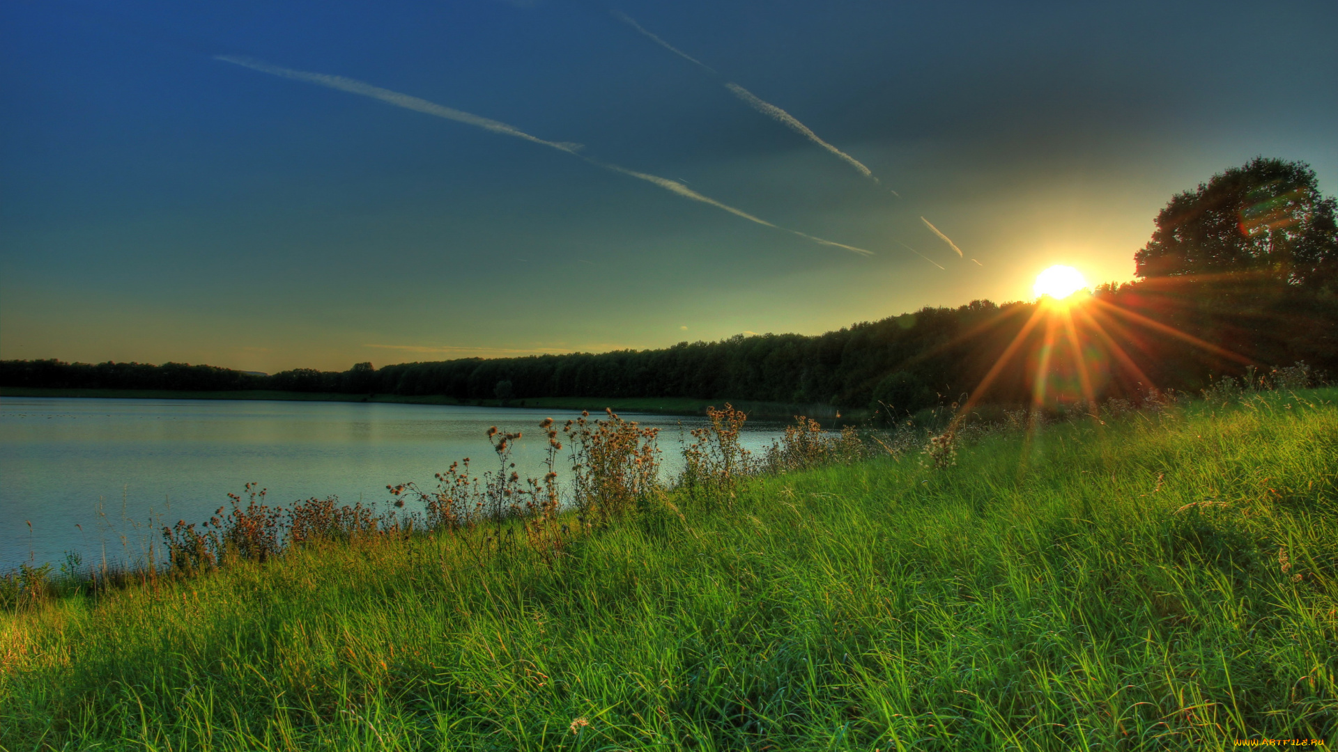 германия, хунген, природа, восходы, закаты, река, трава, закат