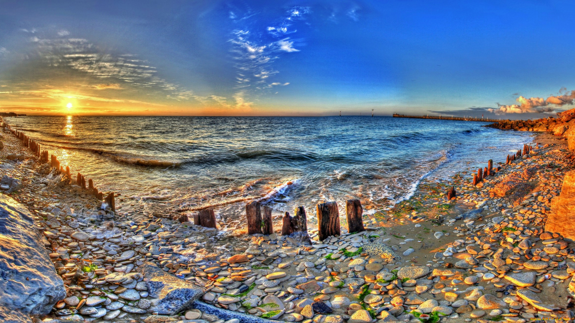 природа, восходы, закаты, камни, галька, бухта, сваи, солнце, океан, горизонт