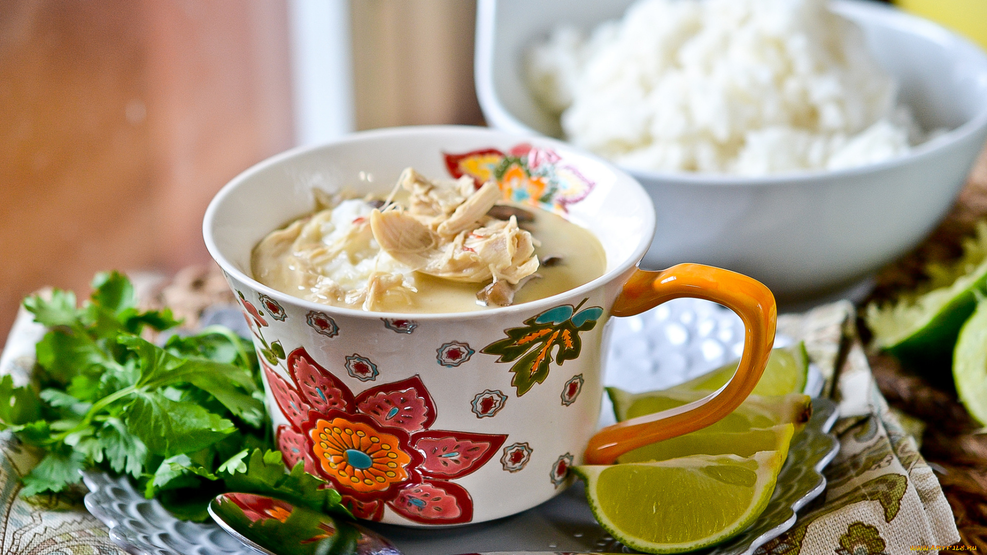 thai, coconut, chicken, soup, еда, первые, блюда, кружка, суп, петрушка, лайм