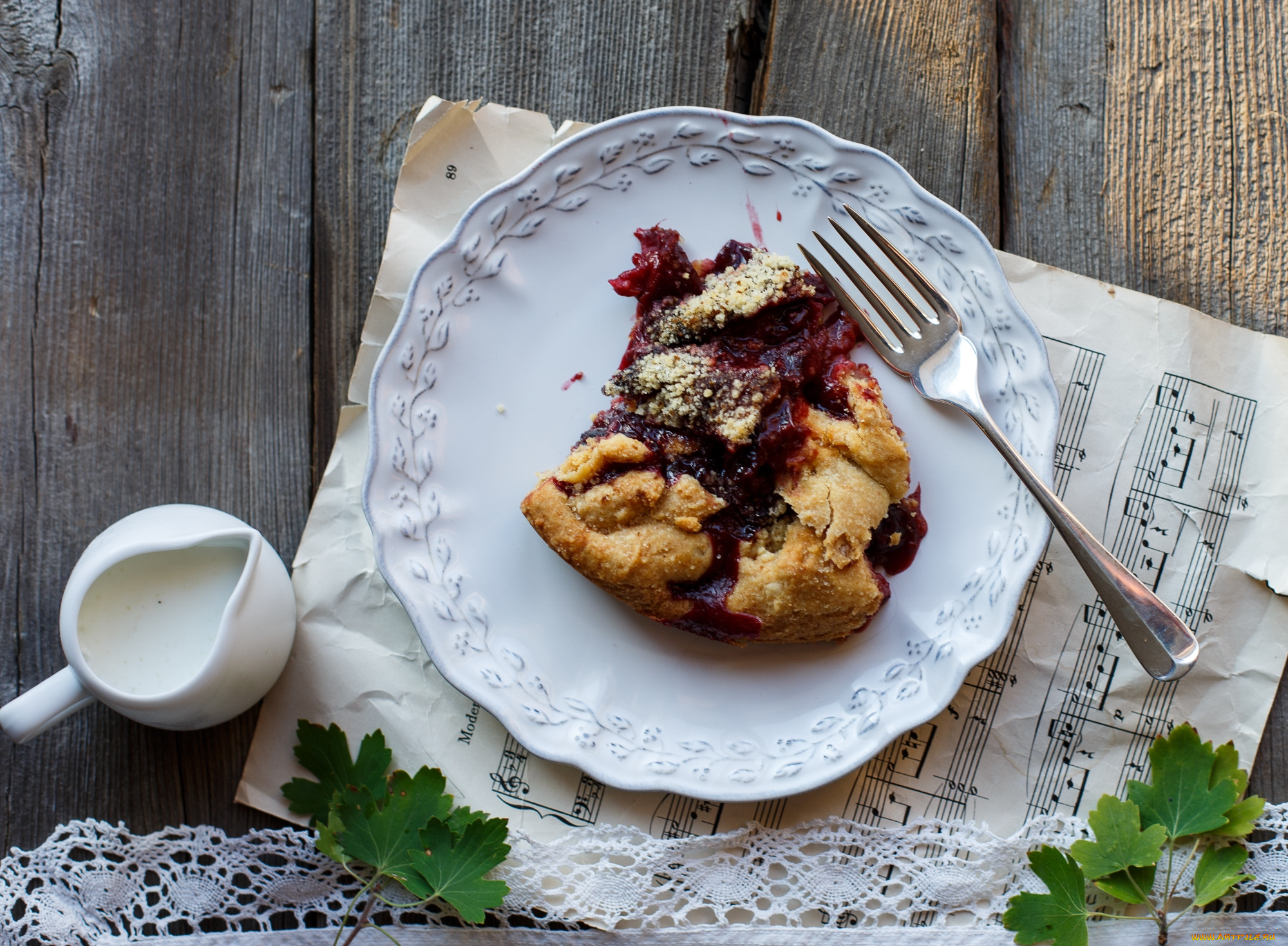 еда, пироги, ноты, тарелка, вилка, листья