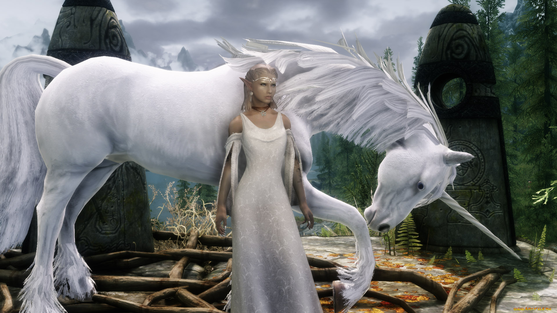 3д, графика, эльфы, , elves, эльфийка, единорог, взгляд, девушка