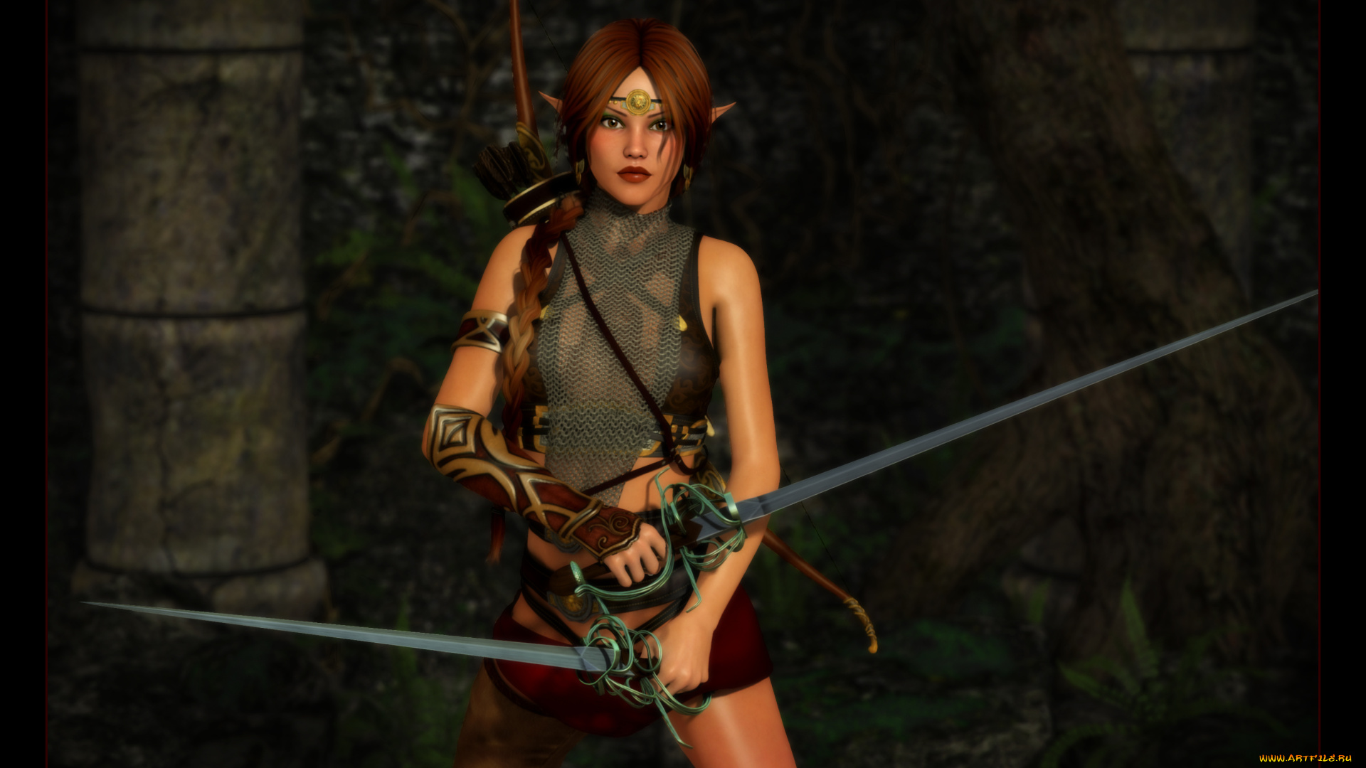 3д, графика, эльфы, , elves, мечи, взгляд, эльфийка