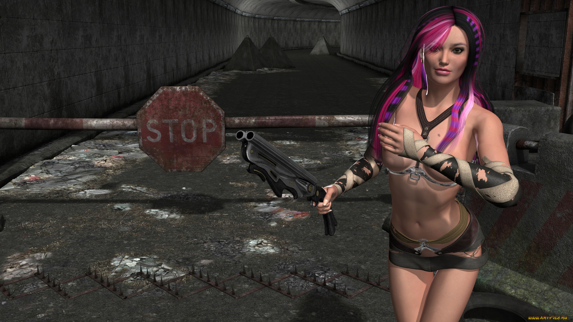 3д, графика, фантазия, , fantasy, девушка, туннель, оружие, взгляд