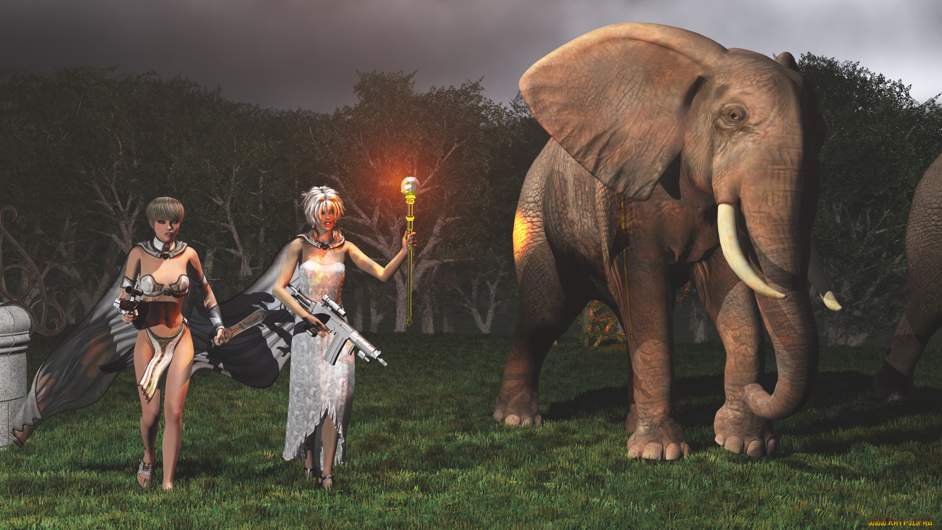 3д, графика, фантазия, , fantasy, девушки, факел, слоны