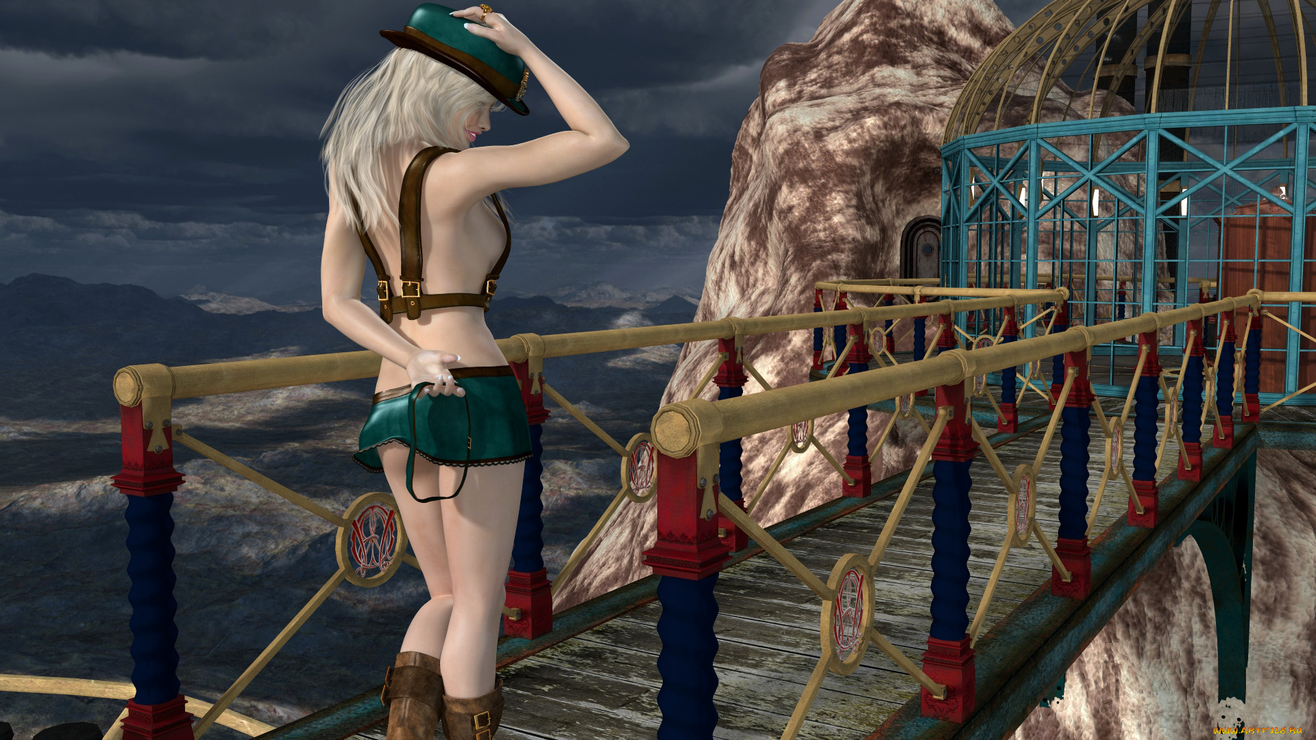 3д, графика, люди, , people, море, мост, шляпа, взгляд, девушка