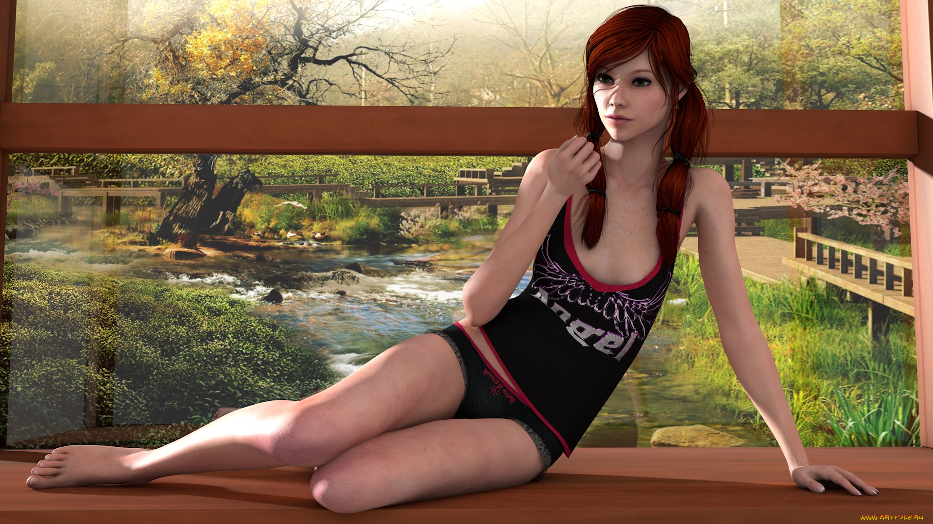 3д, графика, люди, , people, скамейка, взгляд, девушка