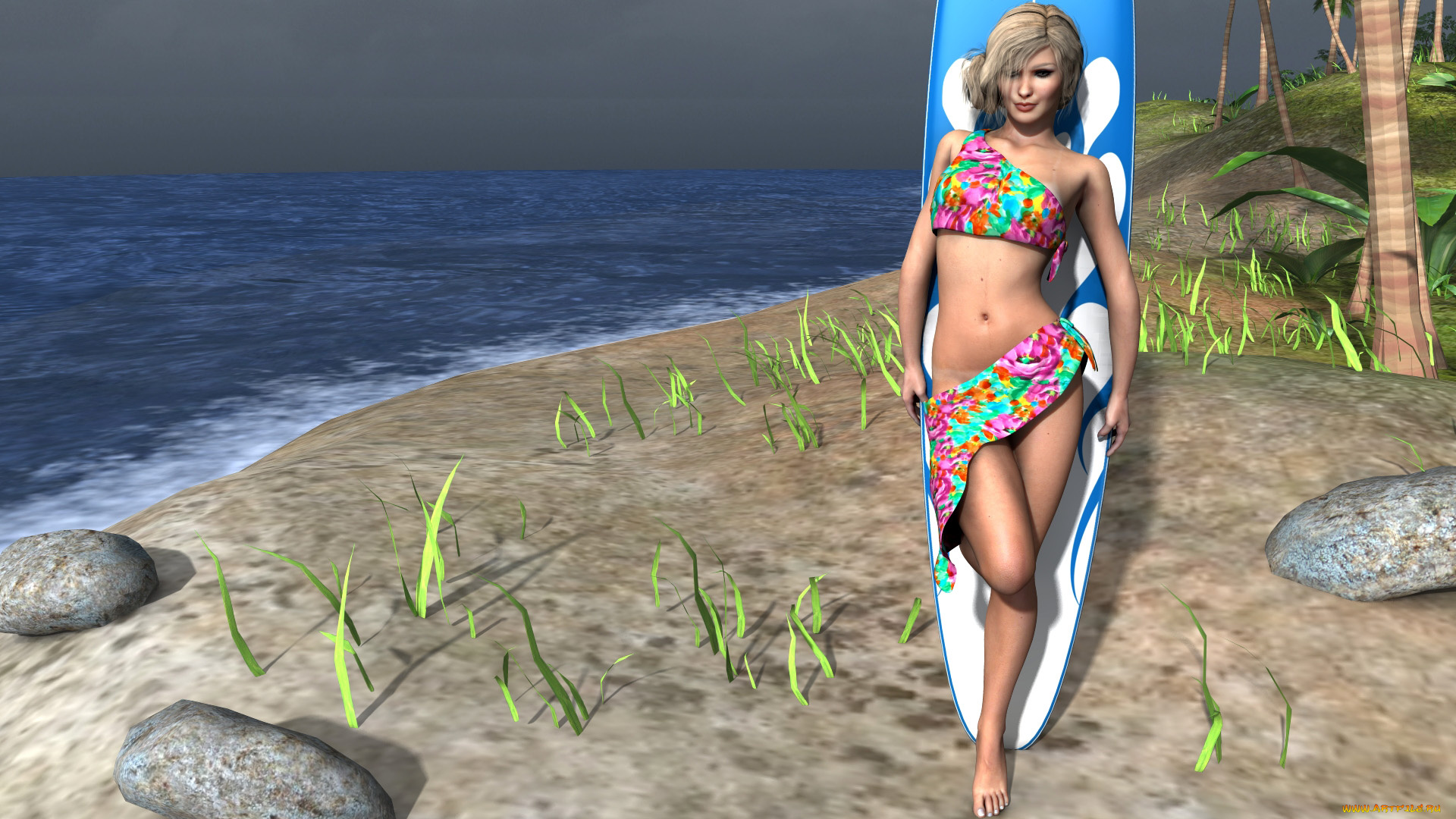 3д, графика, люди, , people, улыбка, серфинг, море, доска, взгляд, девушка