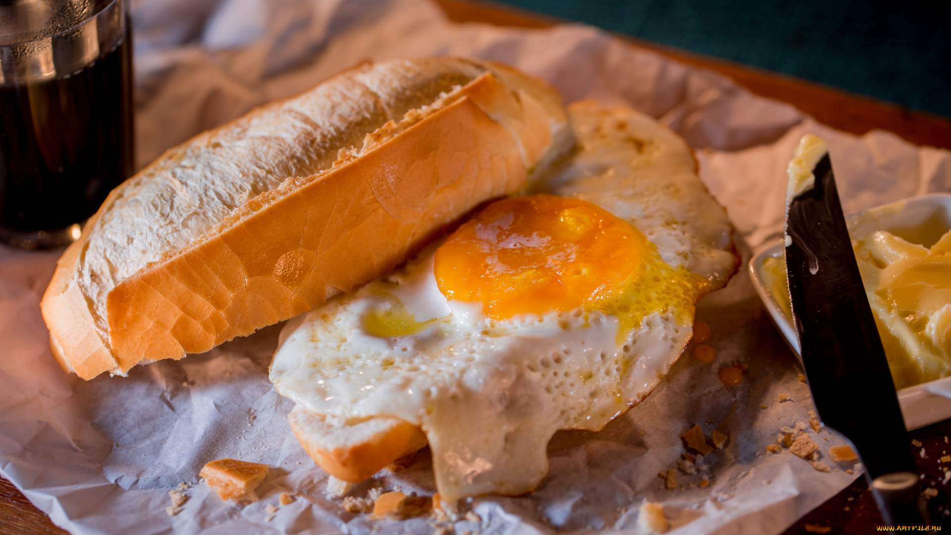 еда, Яичные, блюда, нож, масло, яйцо, булка