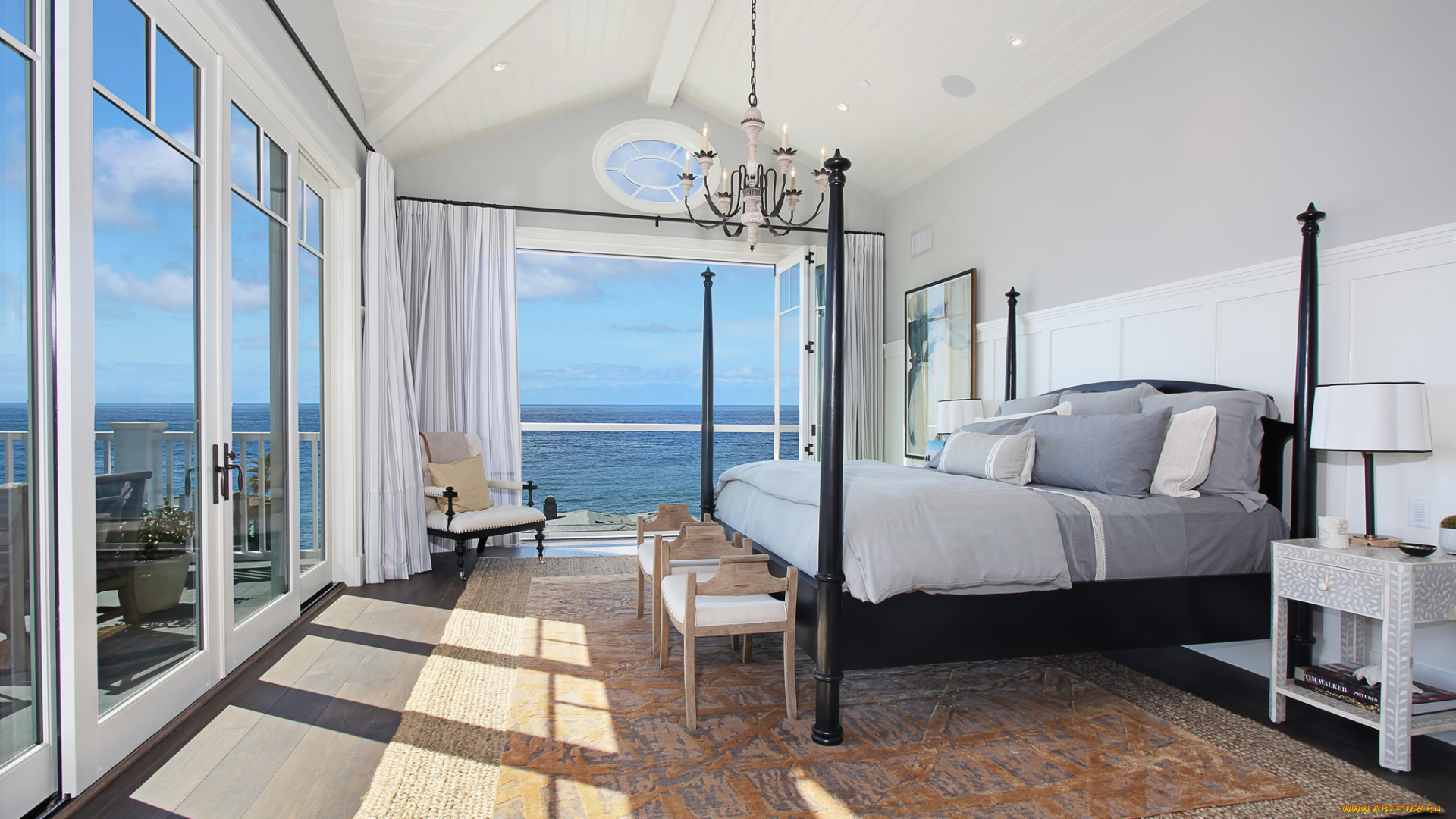 интерьер, спальня, подушки, стиль, светильник, люстра