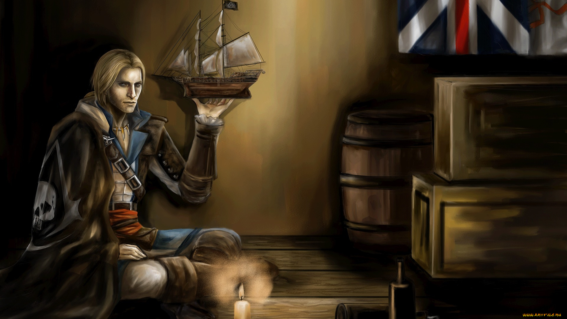 видео, игры, assassin`s, creed, iv, , black, flag, эдвард, кенуэй, kenway, edward, ящики, black, flag, assassins, creed, iv, бочки, флаг, свеча