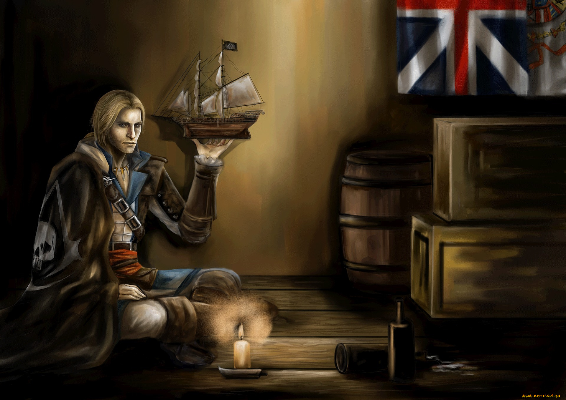 видео, игры, assassin`s, creed, iv, , black, flag, эдвард, кенуэй, kenway, edward, ящики, black, flag, assassins, creed, iv, бочки, флаг, свеча