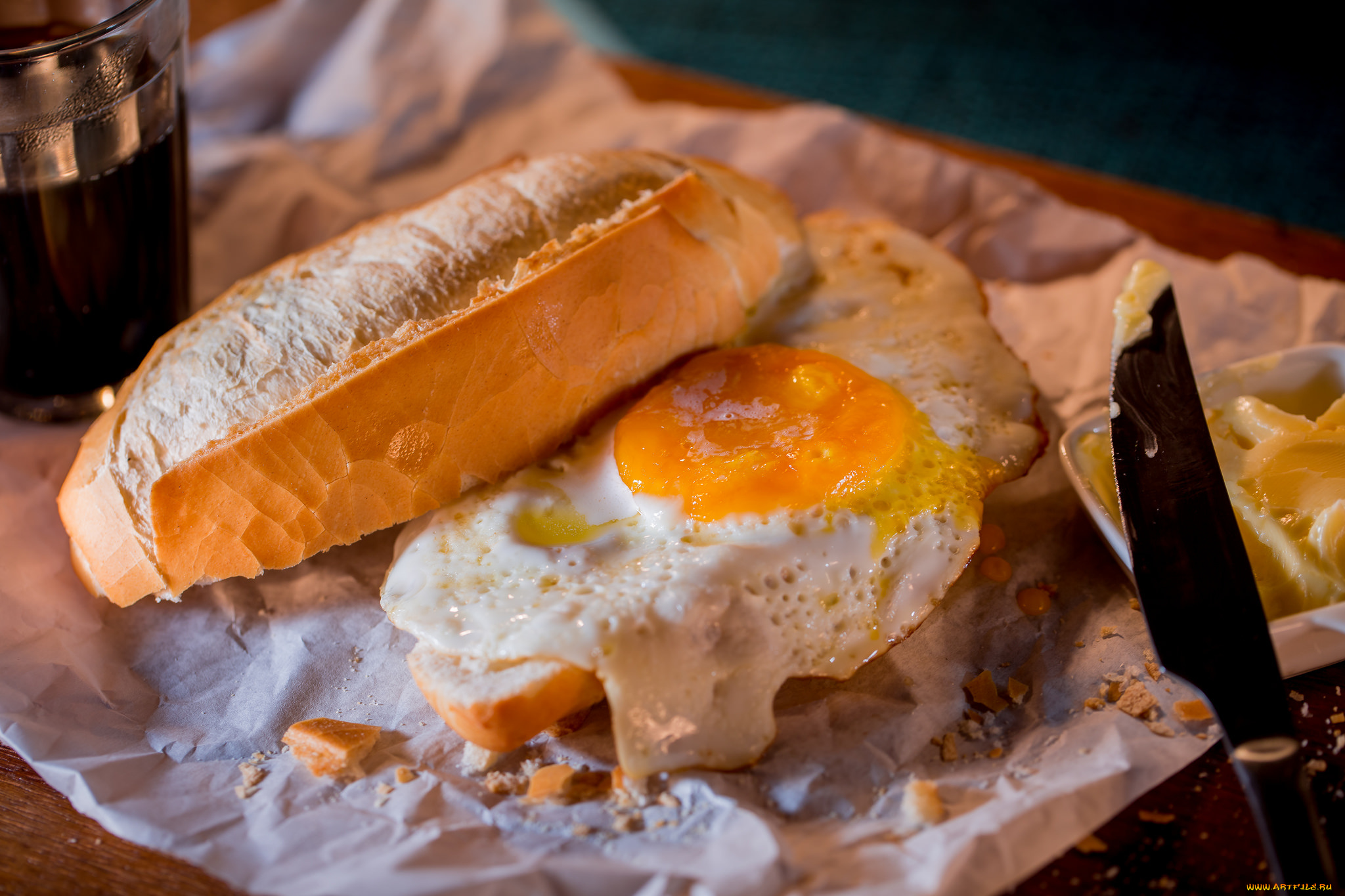 еда, Яичные, блюда, нож, масло, яйцо, булка