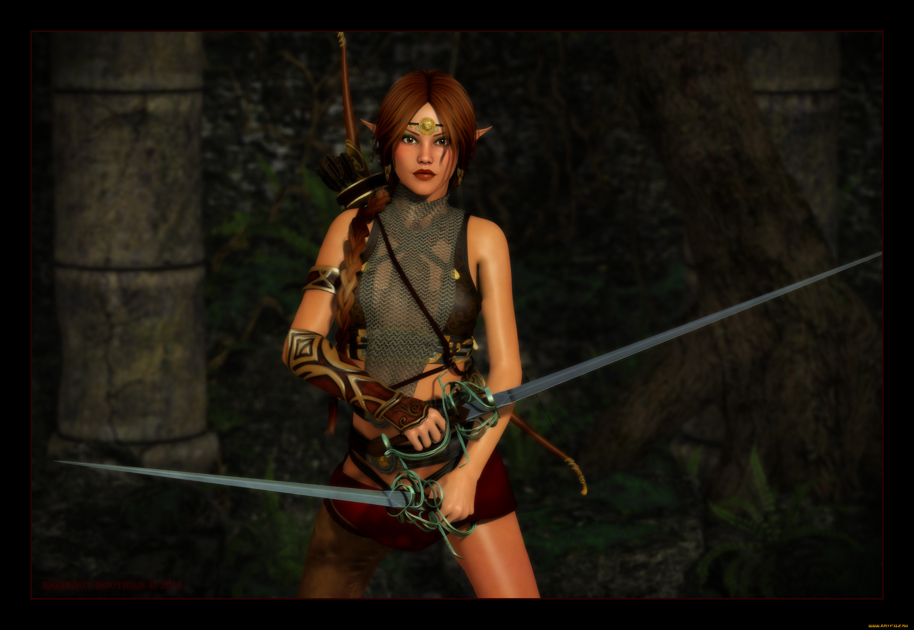 3д, графика, эльфы, , elves, мечи, взгляд, эльфийка