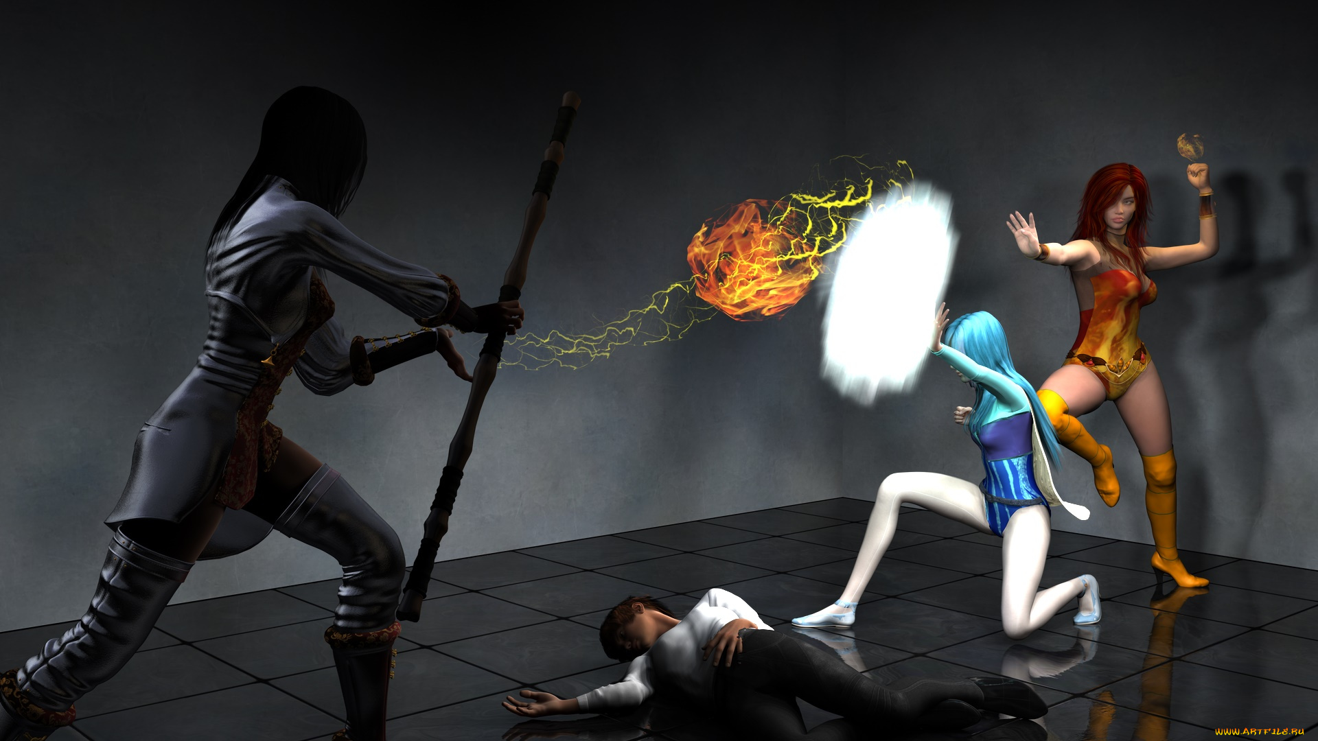 3д, графика, фантазия, , fantasy, драка, фон, взгляд, девушки