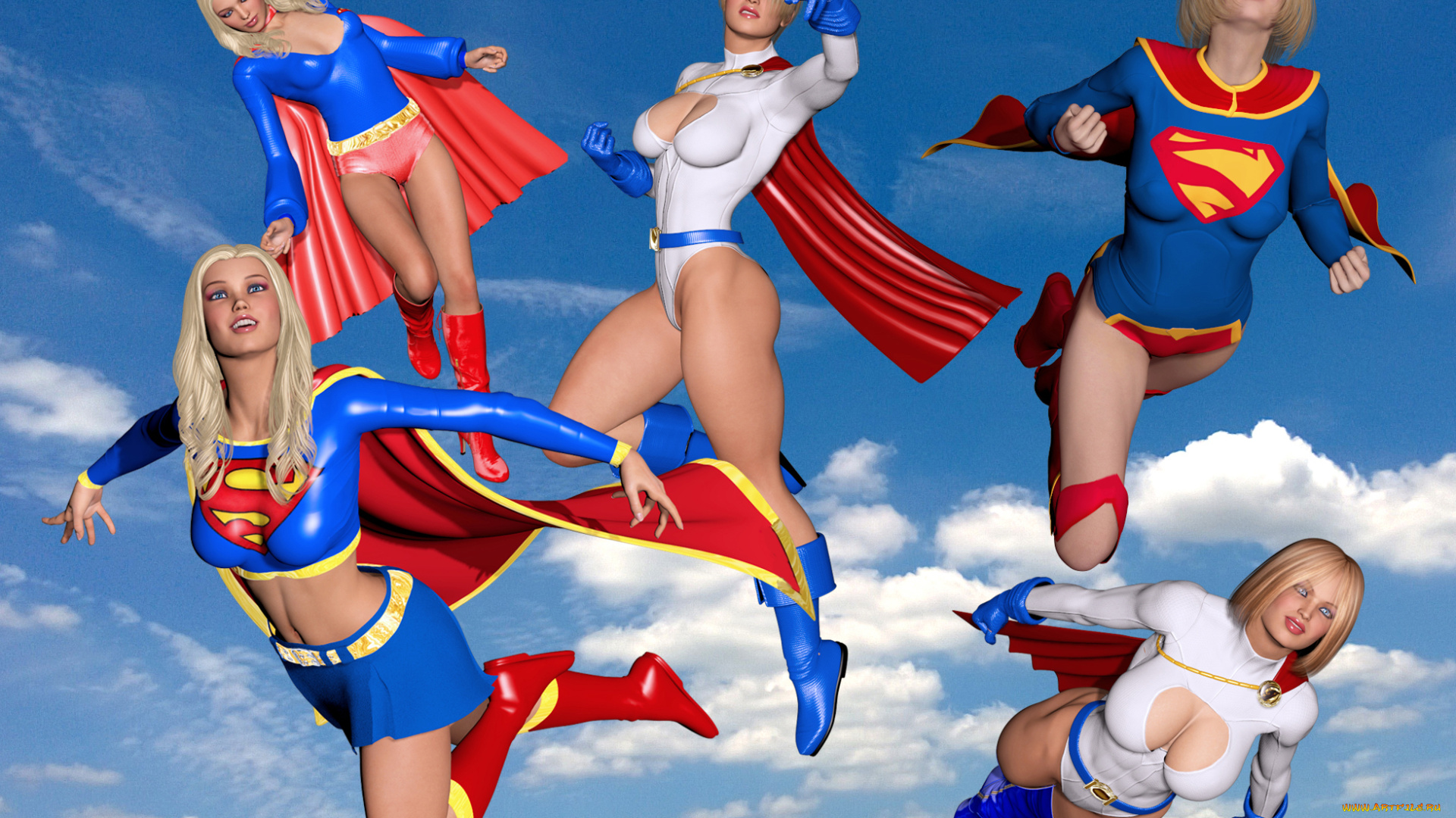 3д, графика, фантазия, , fantasy, взгляд, девушки, полет, супермены, фон