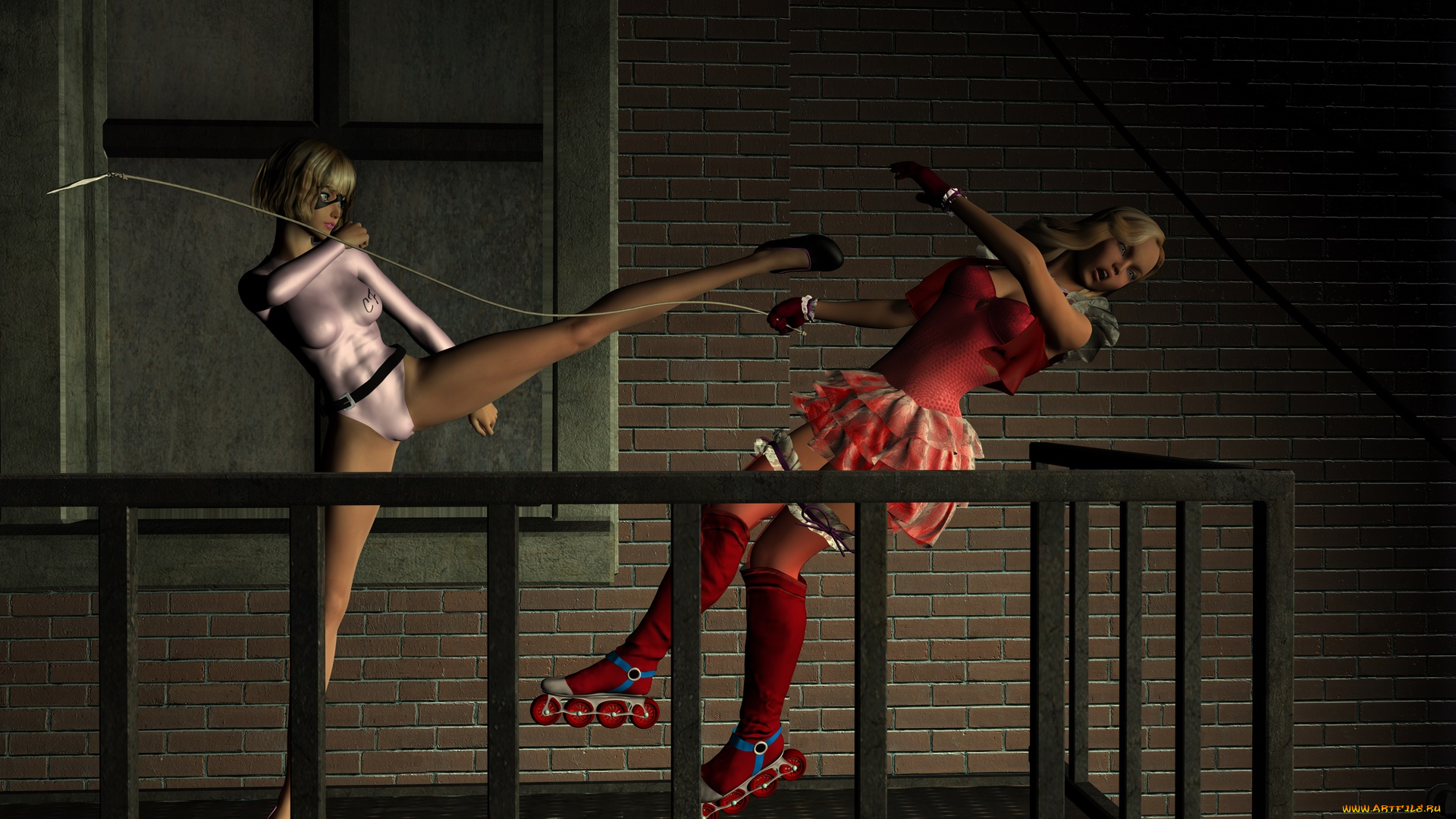 3д, графика, фантазия, , fantasy, взгляд, драка, фон, девушки