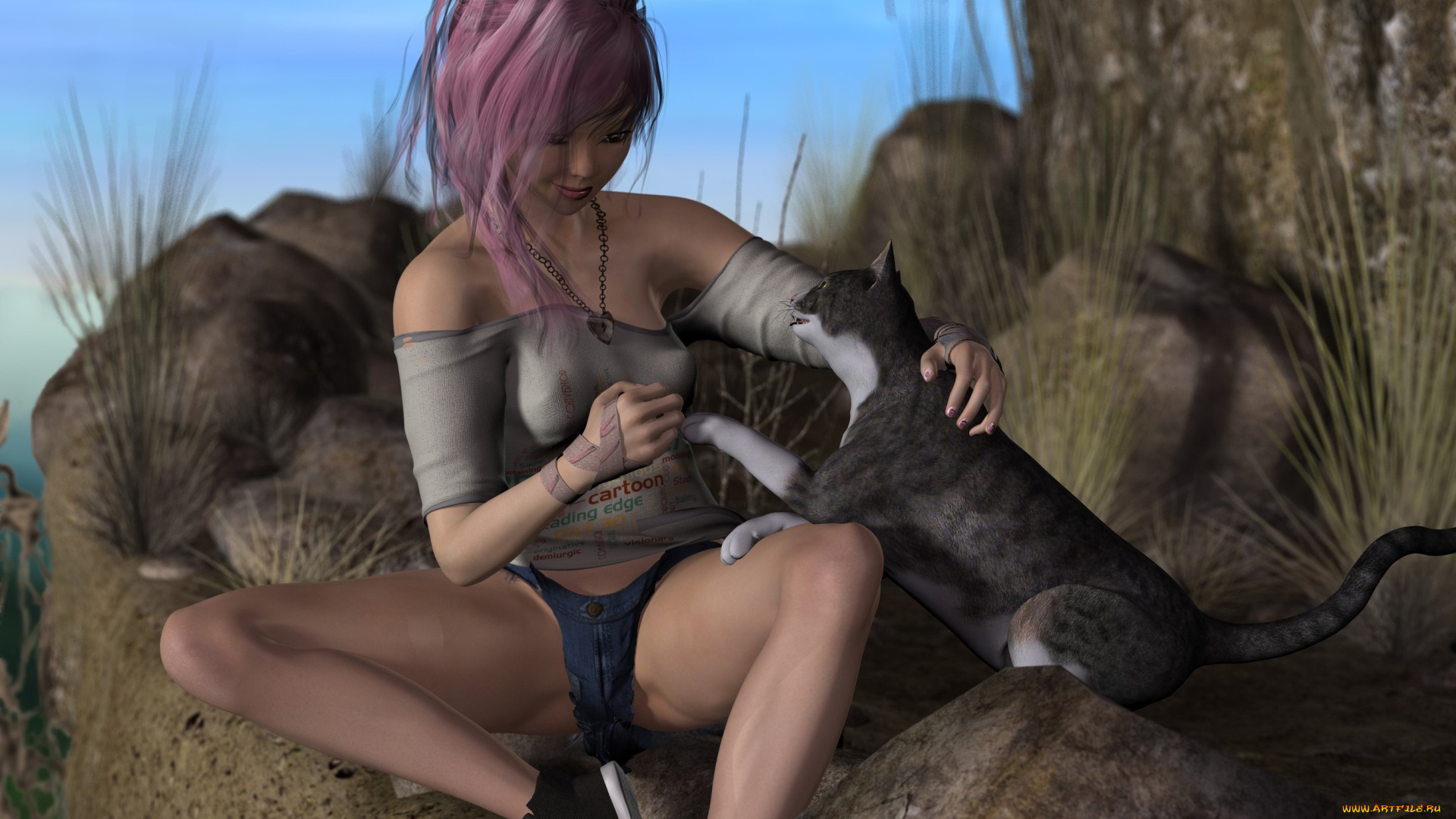 3д, графика, люди, , people, девушка, кот, фон, взгляд