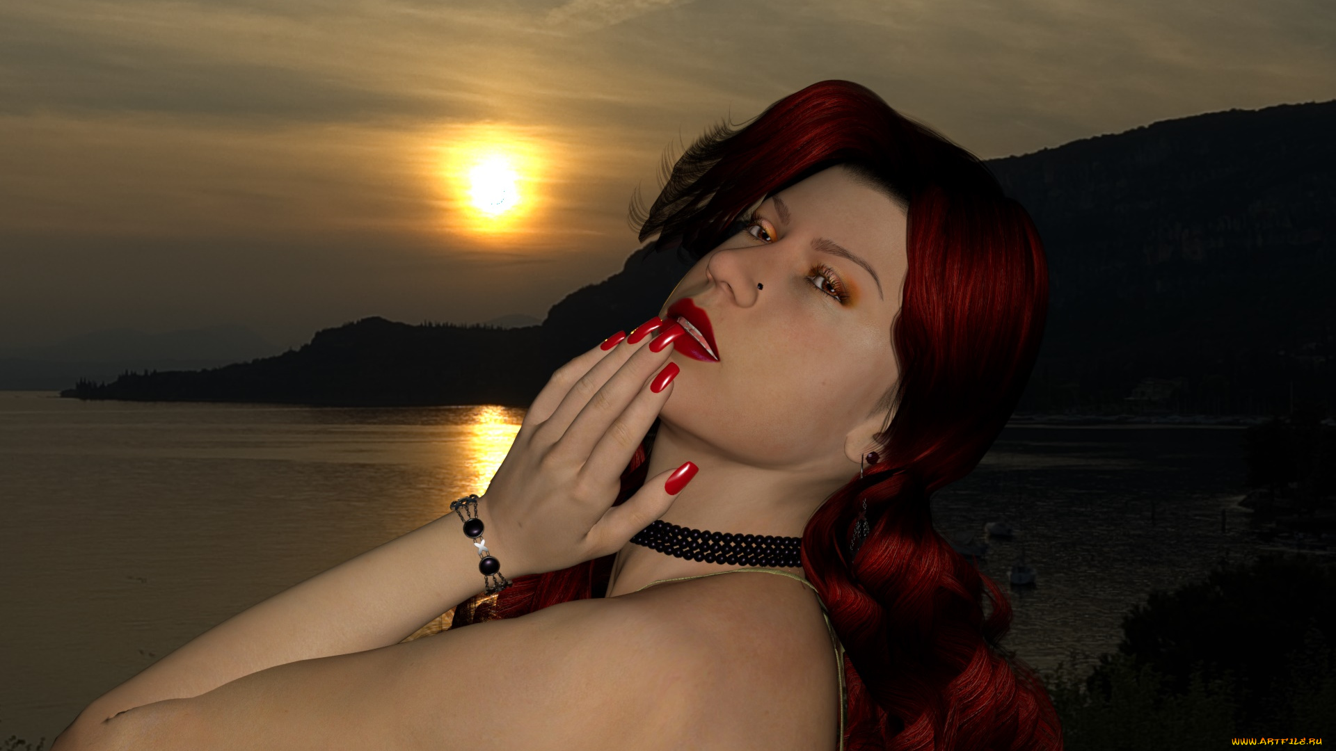 3д, графика, портрет, , portraits, фон, закат, взгляд, девушка
