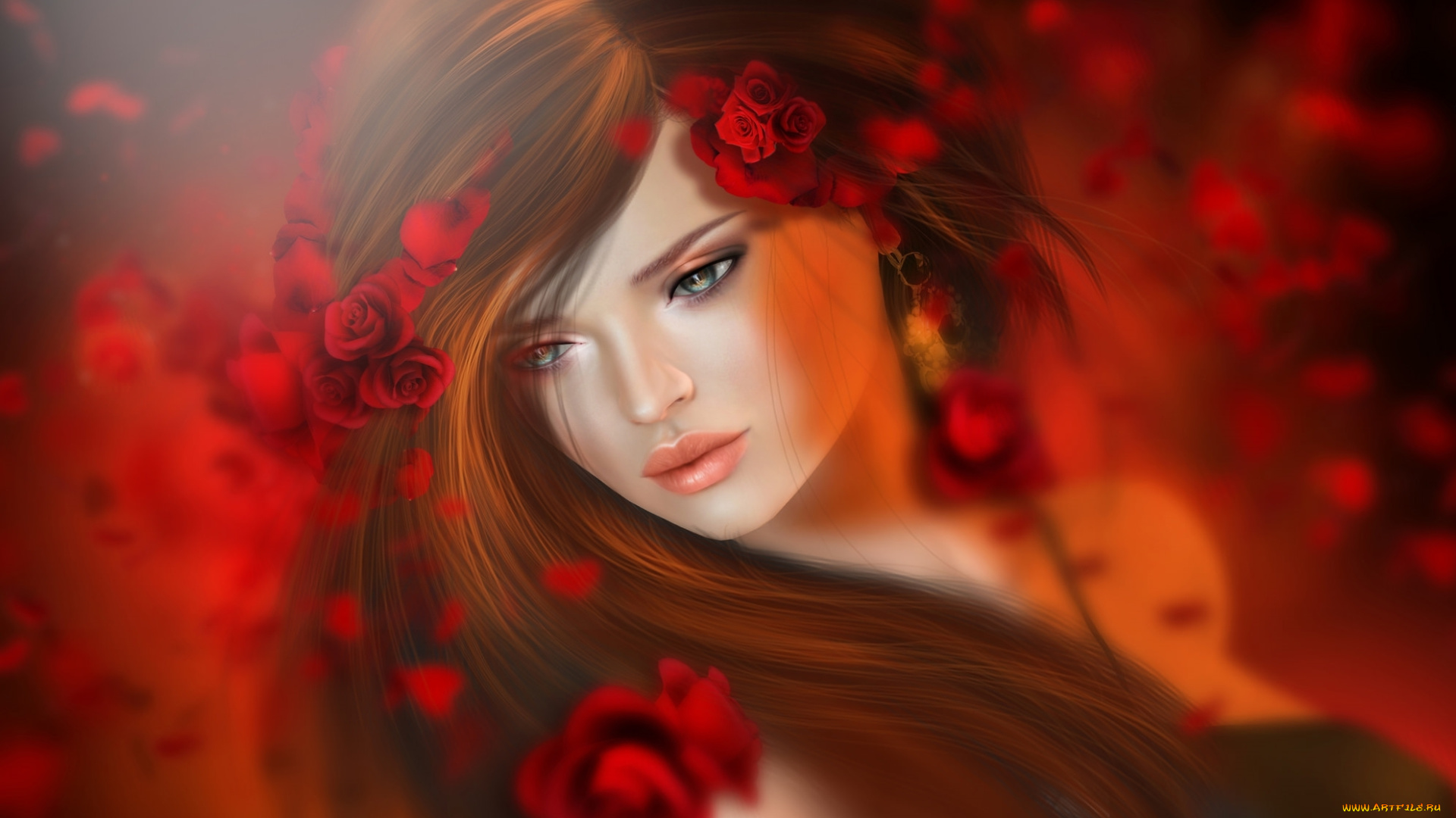 3д, графика, портрет, , portraits, волосы, брюнетка, девушка, красный, цветы, розы
