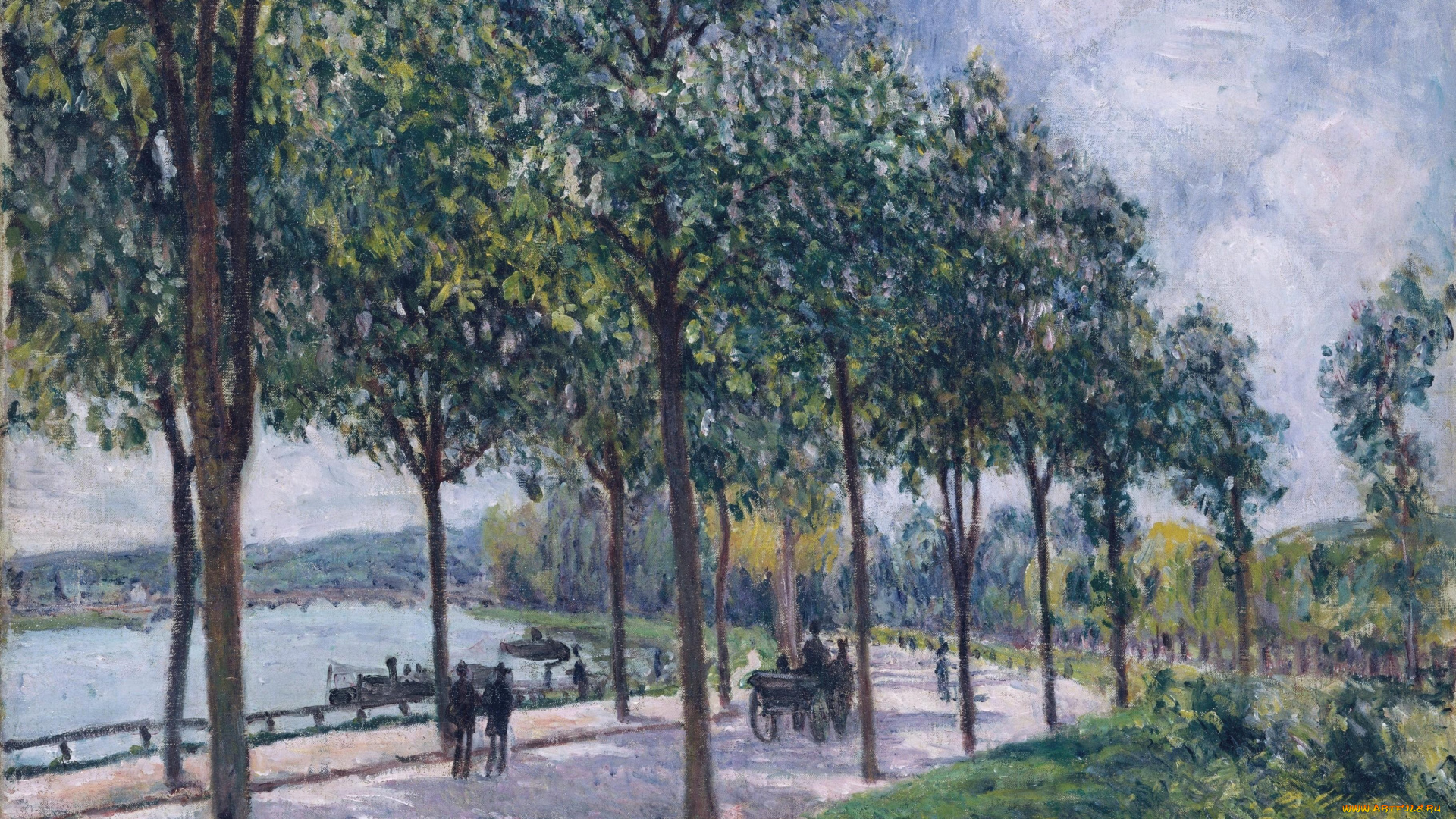 alley, of, chestnut, trees, рисованное, alfred, sisley, экипаж, люди, дорога, аллея, деревья, река