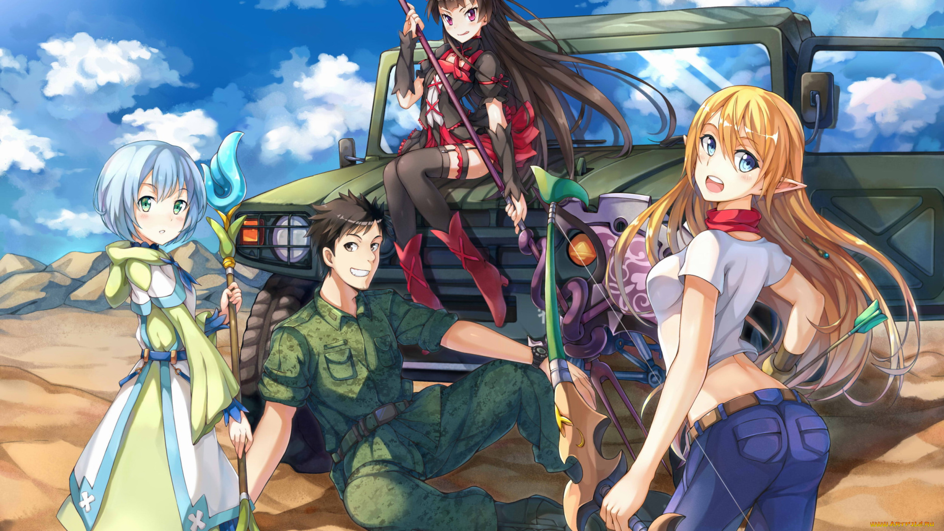 аниме, gate, взгляд, девушки, облака, автомобиль, парень