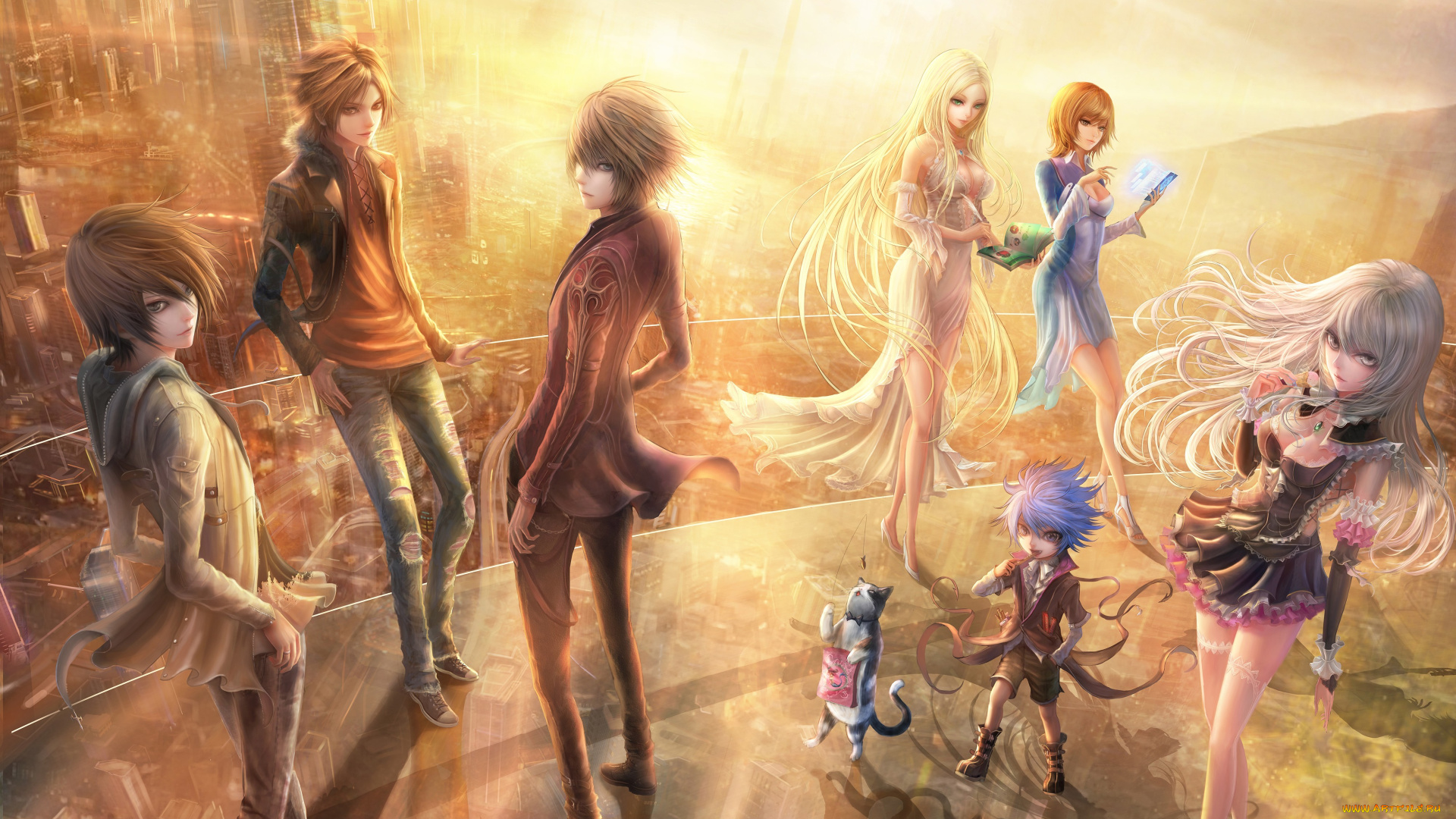 аниме, город, , улицы, , здания, высота, девушки, парни, балкон, арт, fufu