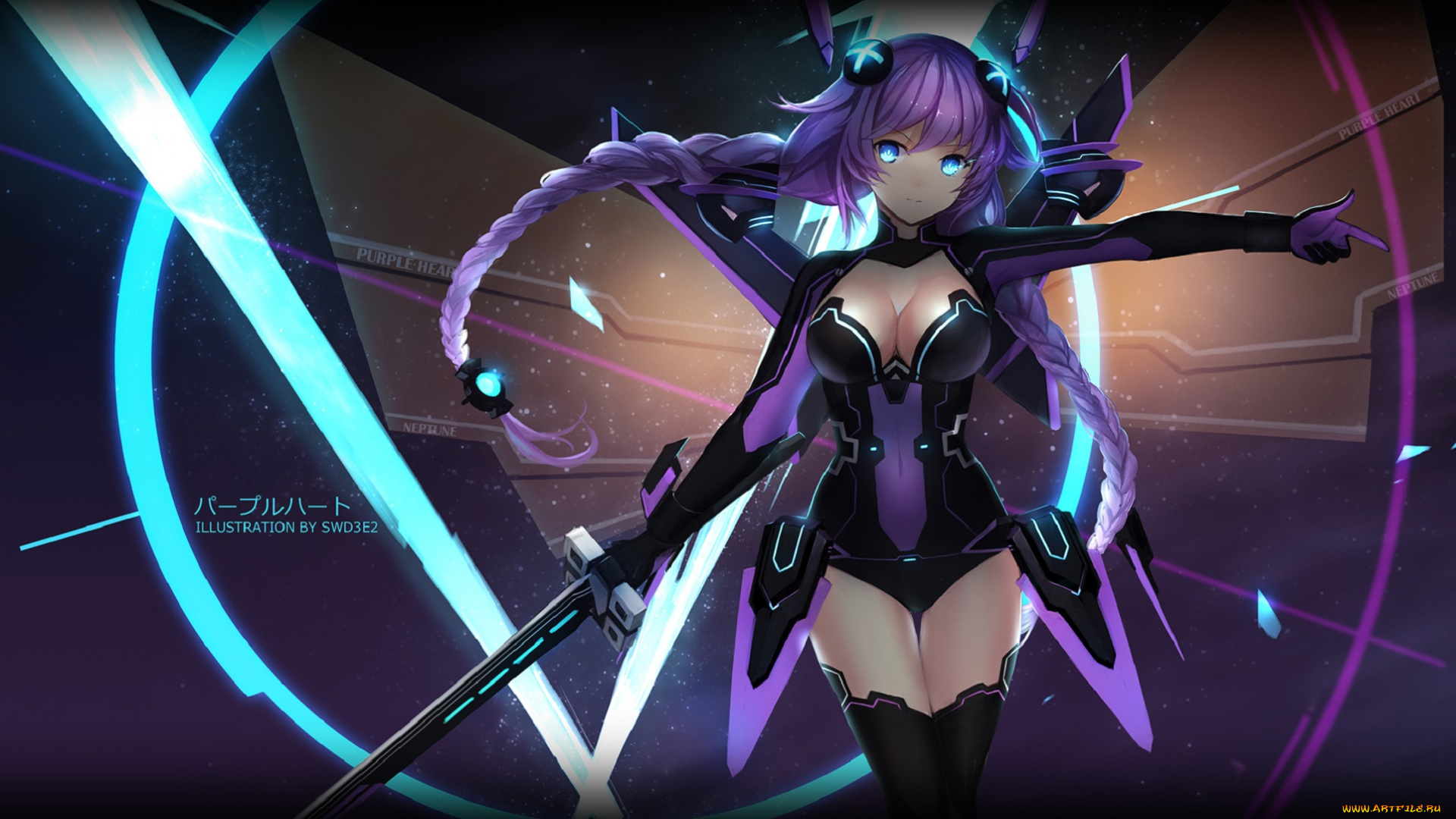 аниме, hyperdimension, neptunia, фантастика, hyperdimension, neptunia, оружие, neptune, девушка, арт, purple, heart, swd3e2