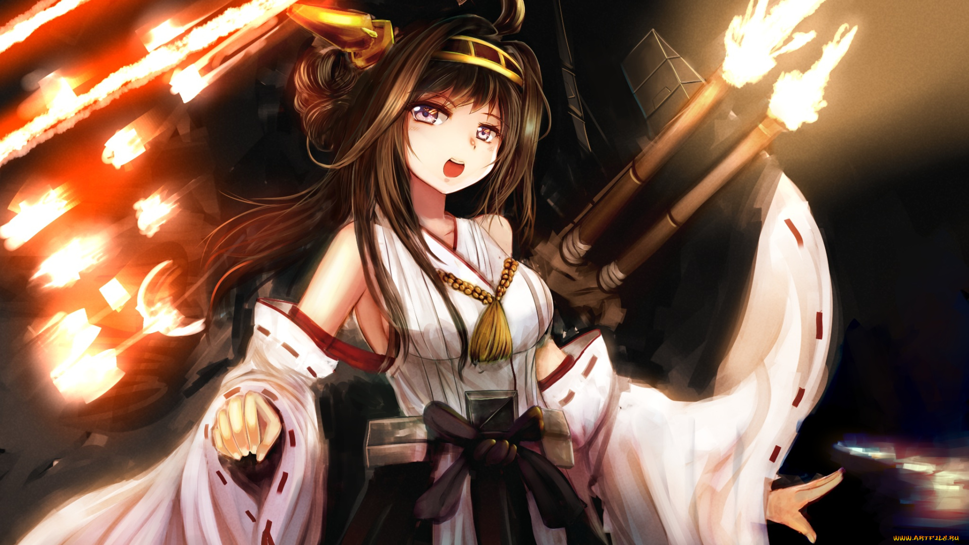 аниме, kantai, collection, огонь, выстрел, оружие, девушка, фон, взгляд