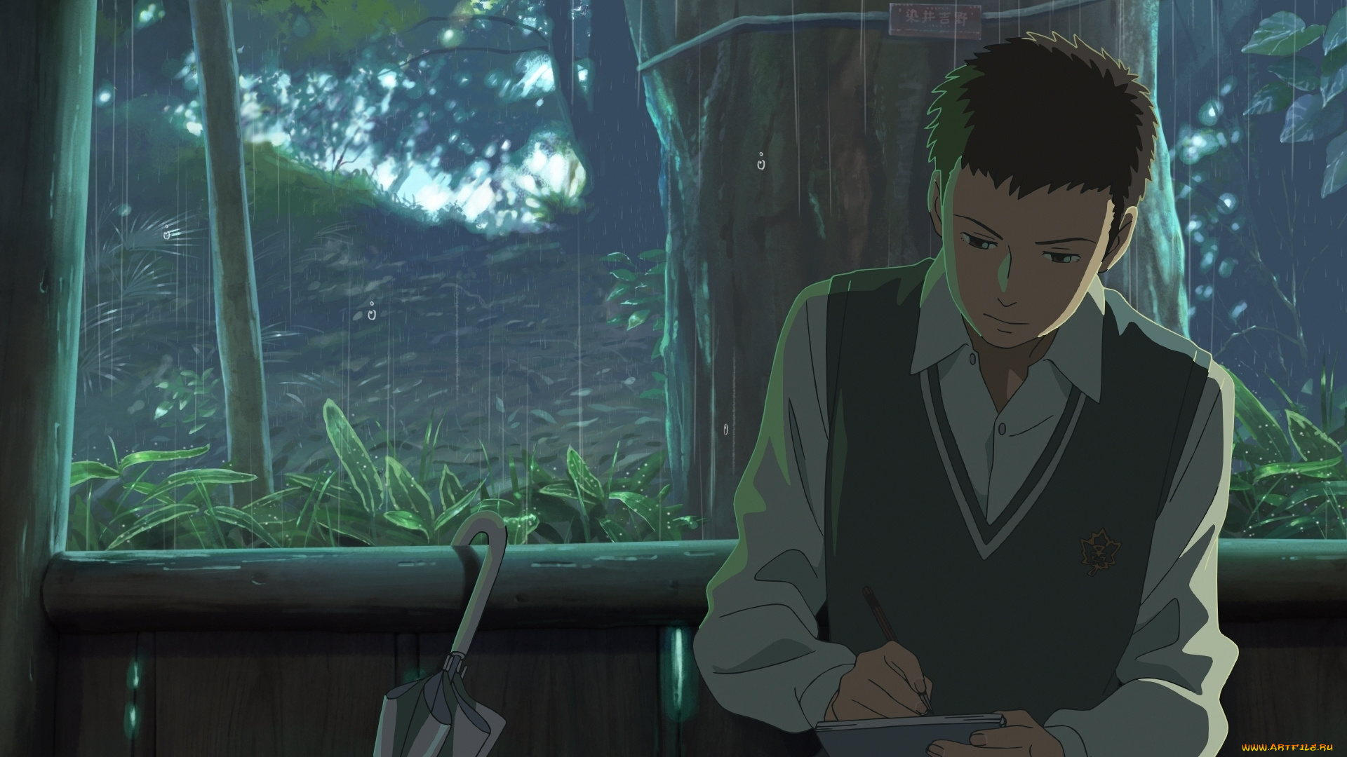 аниме, kotonoha, no, niwa, жилет, блокнот, дождь, зонт, парень, деревья, kotonoha, no, niwa, the, garden, of, words, беседка, takao, akizuki, сад, изящных, слов, makoto, shinkai