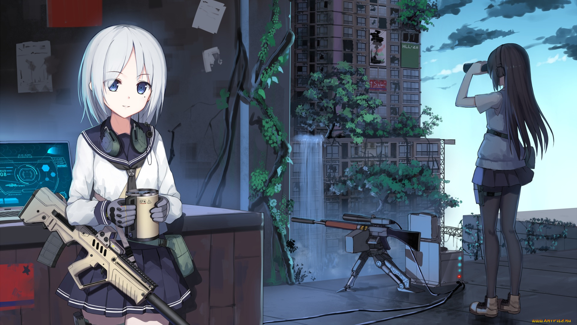 аниме, оружие, , техника, , технологии, небо, винтовка, здание, город, девушки, фон, взгляд