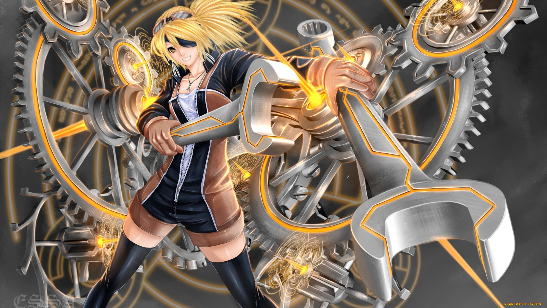 аниме, оружие, , техника, , технологии, повязка, девушка, арт, очки, механизм, гаечный, ключ