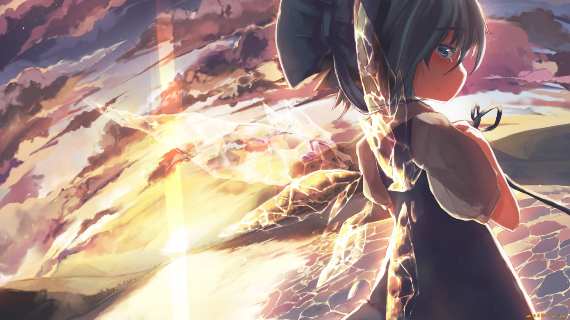 аниме, touhou, арт, крылья, девочка, cirno, ha, ru, небо, море, облака, солнце, закат