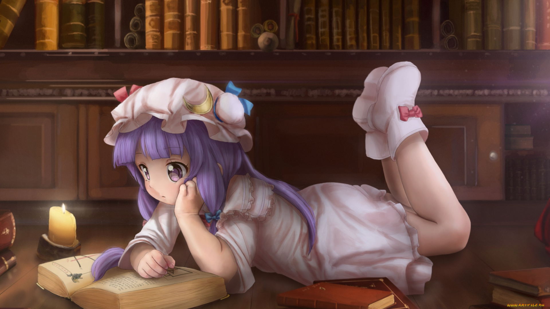аниме, touhou, девочка, книги, библиотека, арт, novcel, patchouli, knowledge