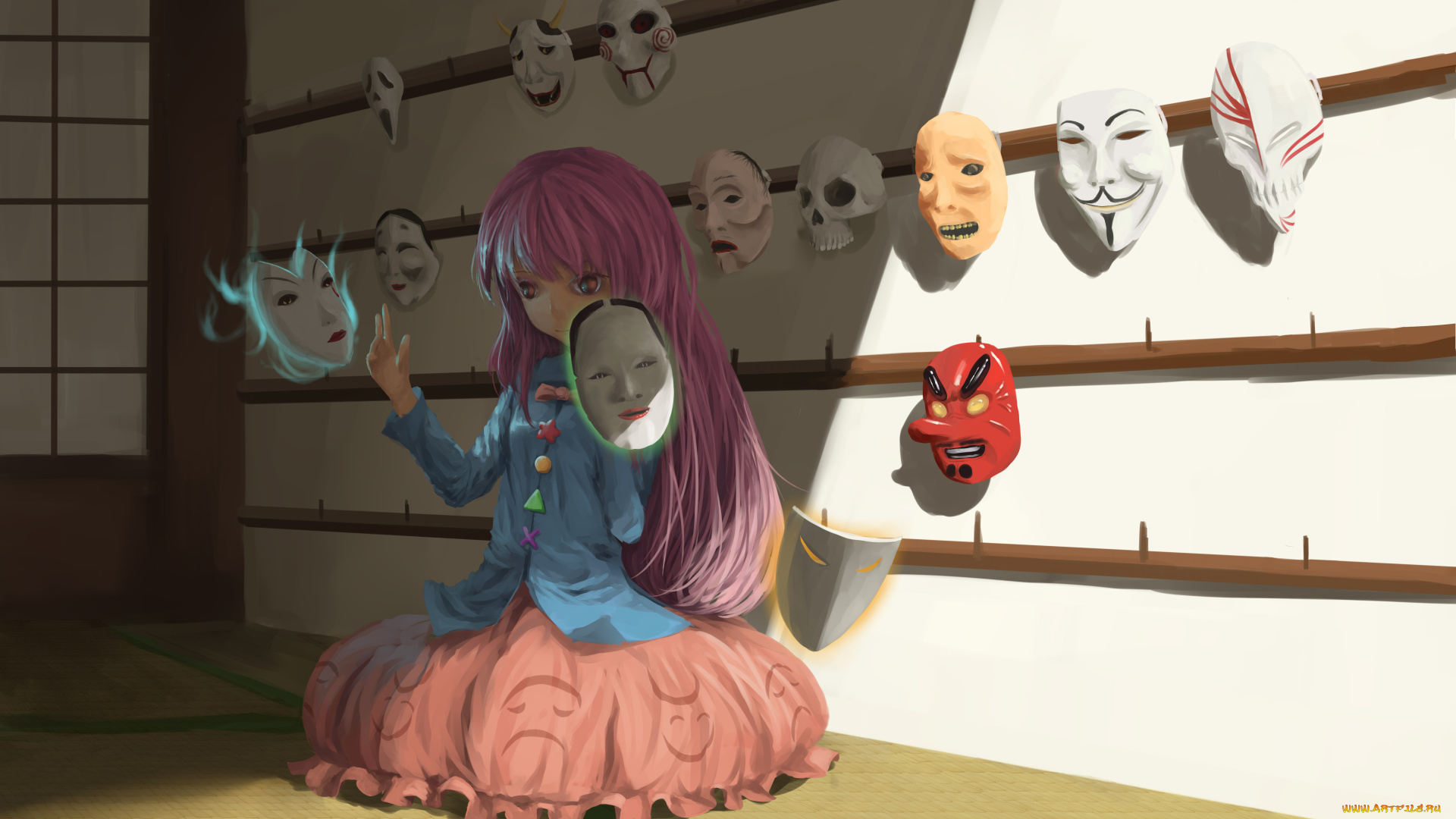 аниме, touhou, маски, девочка, hata, no, kokoro, арт, newnand