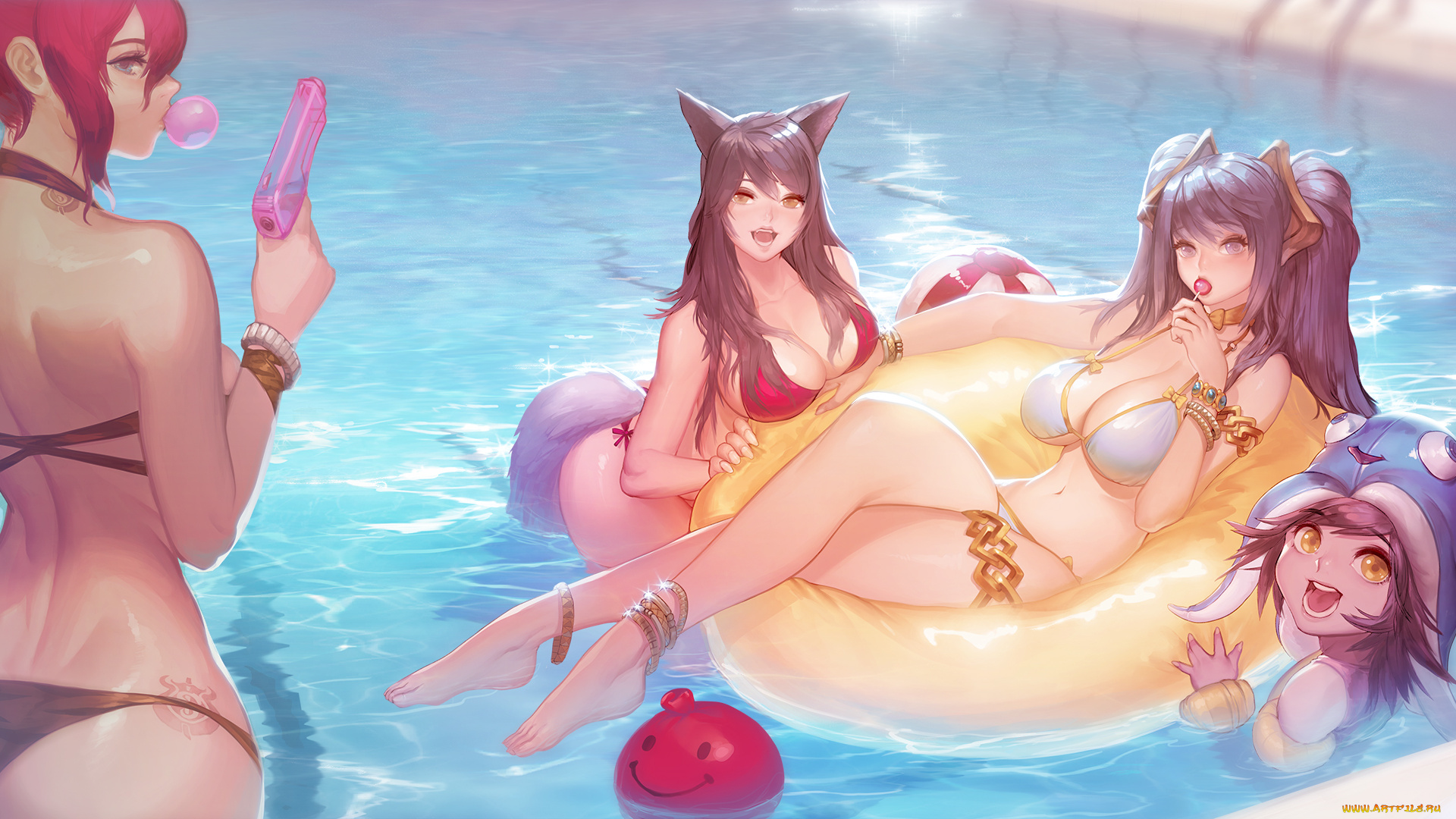 аниме, животные, , существа, пистолет, девушки, арт, instant-ip, бассейн, лето, sona, ahri, lulu, miss, fortune