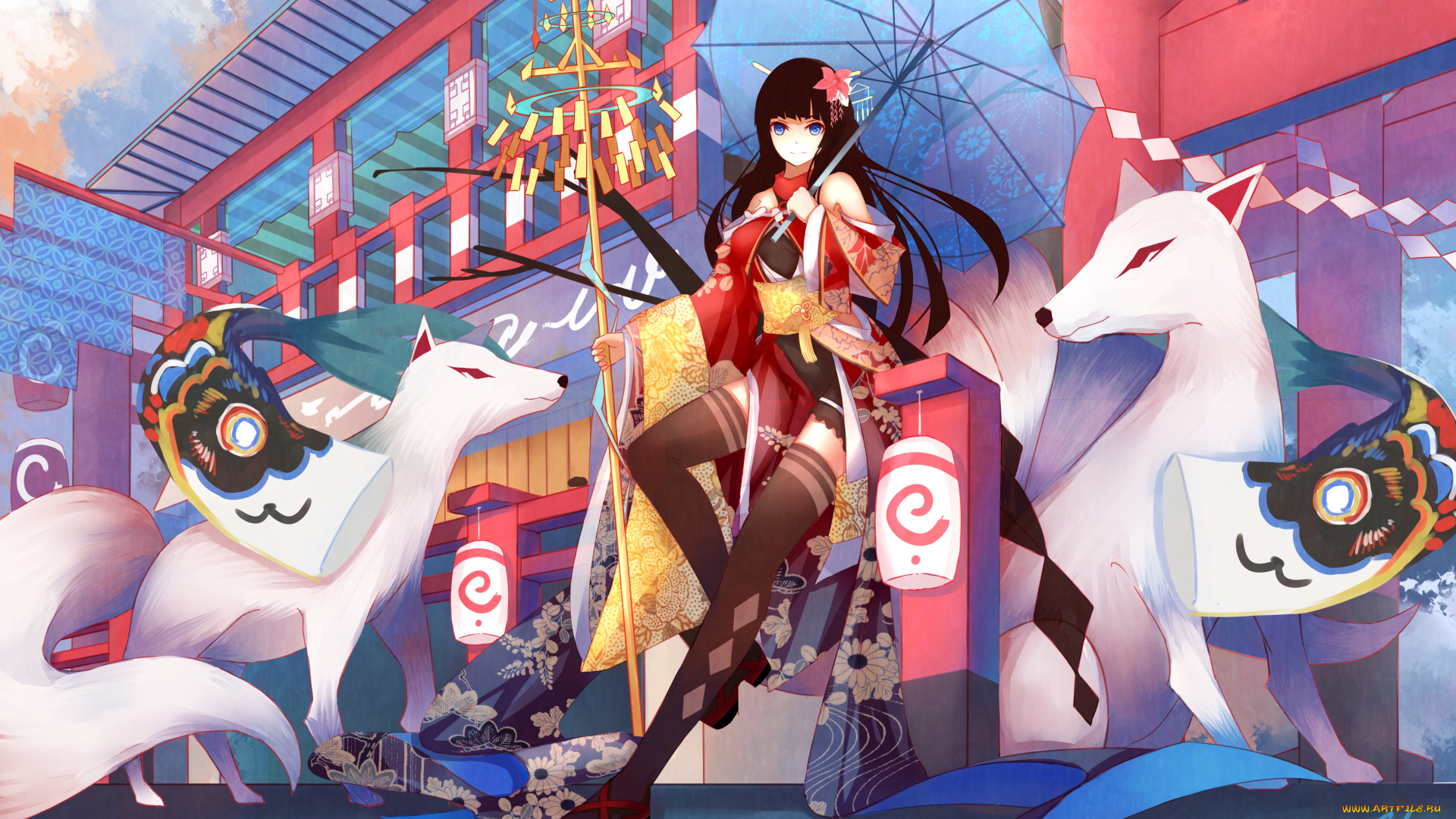 аниме, животные, , существа, зонт, арт, девушка