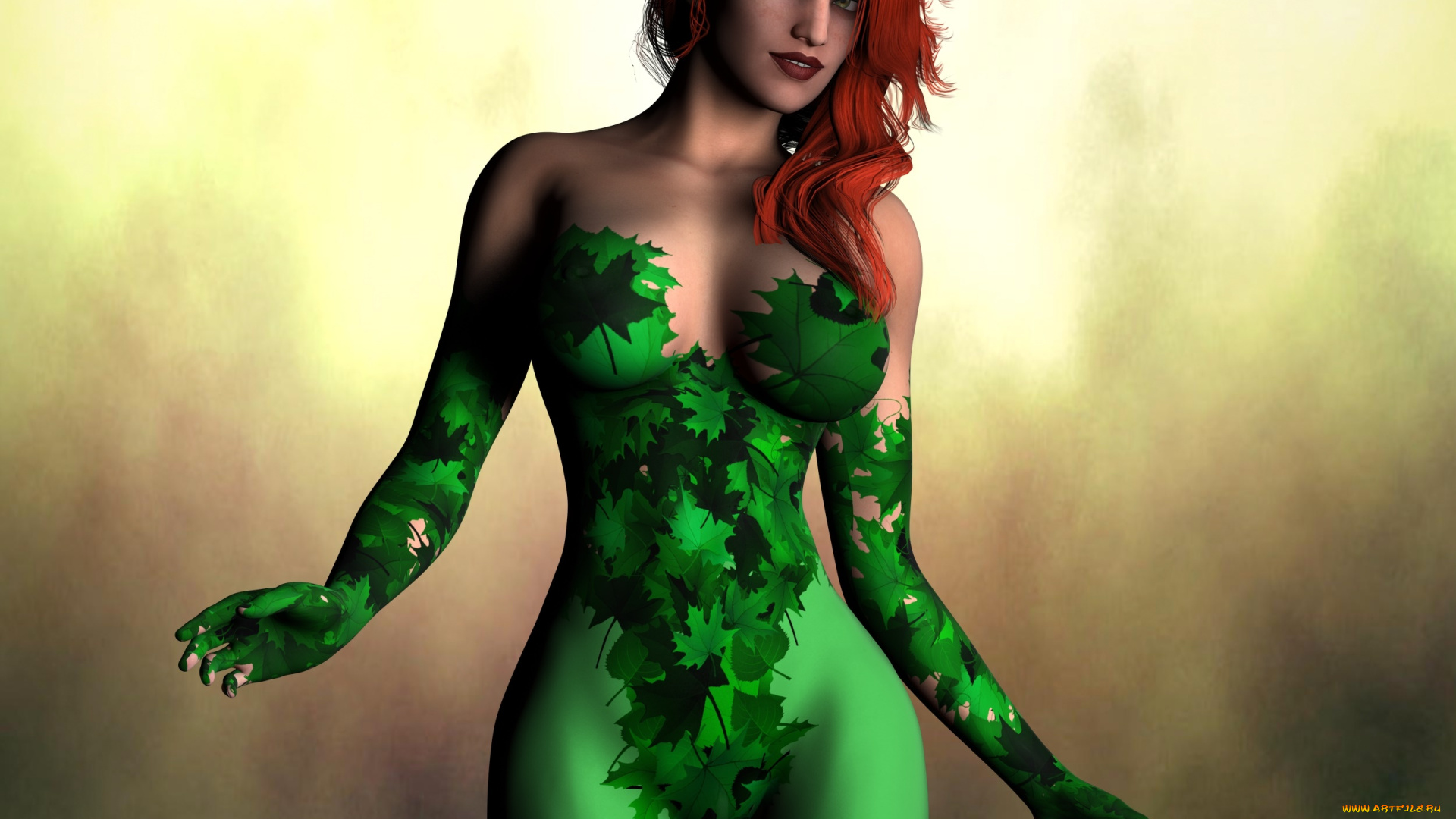 poison, ivy, 3д, графика, люди, , people, девушка, взгляд, фон, рыжая