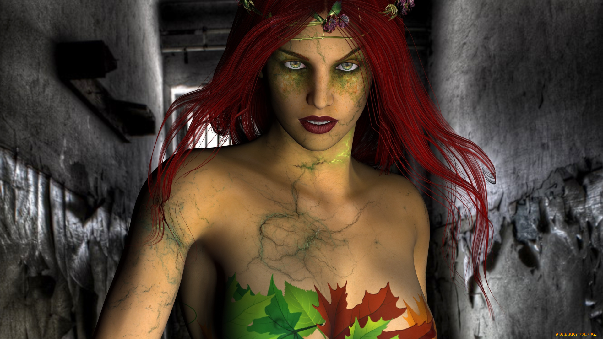 poison, ivy, 3д, графика, люди, , people, рыжая, фон, девушка, взгляд