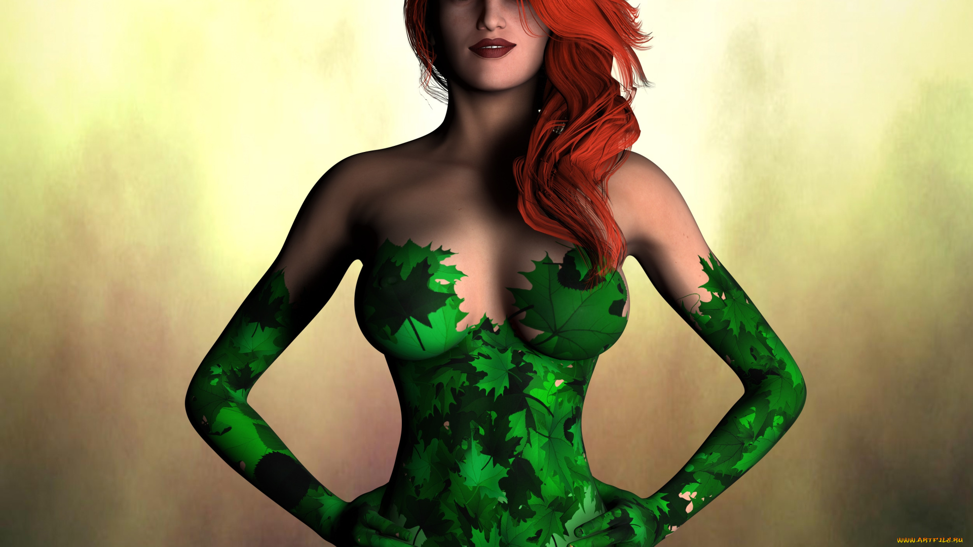 poison, ivy, 3д, графика, люди, , people, взгляд, девушка, рыжая, фон