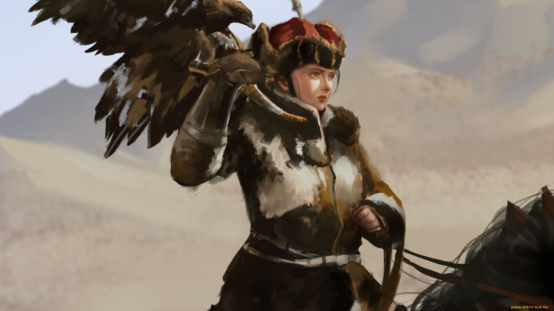 рисованное, люди, девушка, горы, орел, птица, охотница, всадница