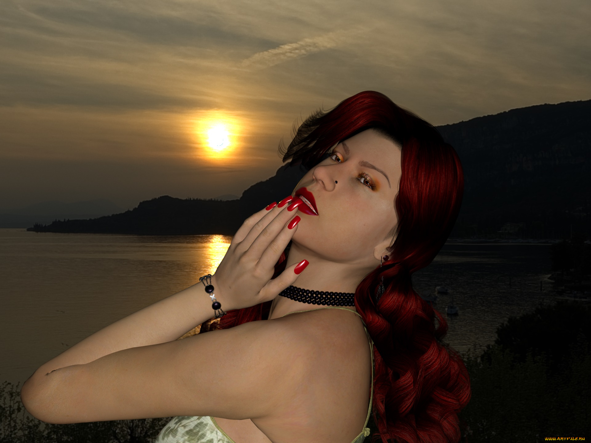 3д, графика, портрет, , portraits, фон, закат, взгляд, девушка