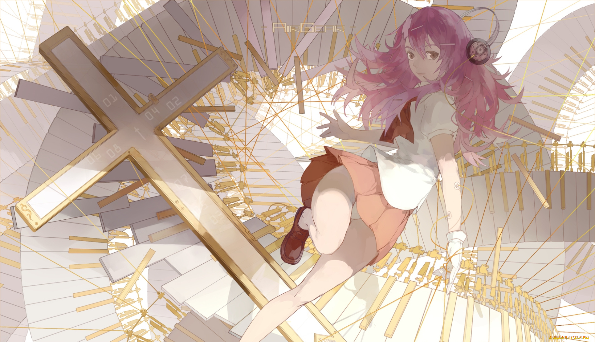 аниме, air, gear, девушка, наушники, форма, абстракция, крест