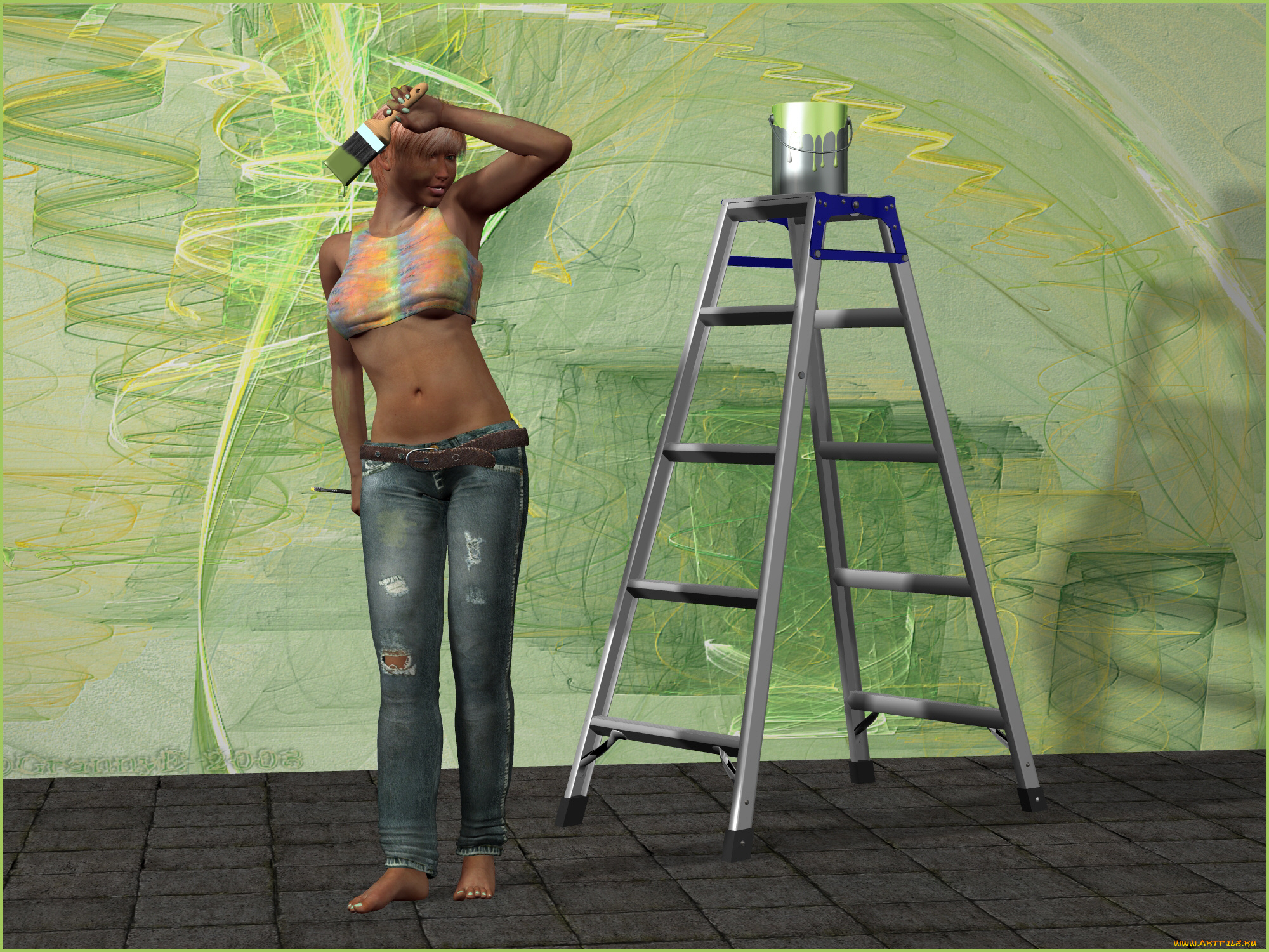 3д, графика, люди, , people, девушка, взгляд, фон, лестница