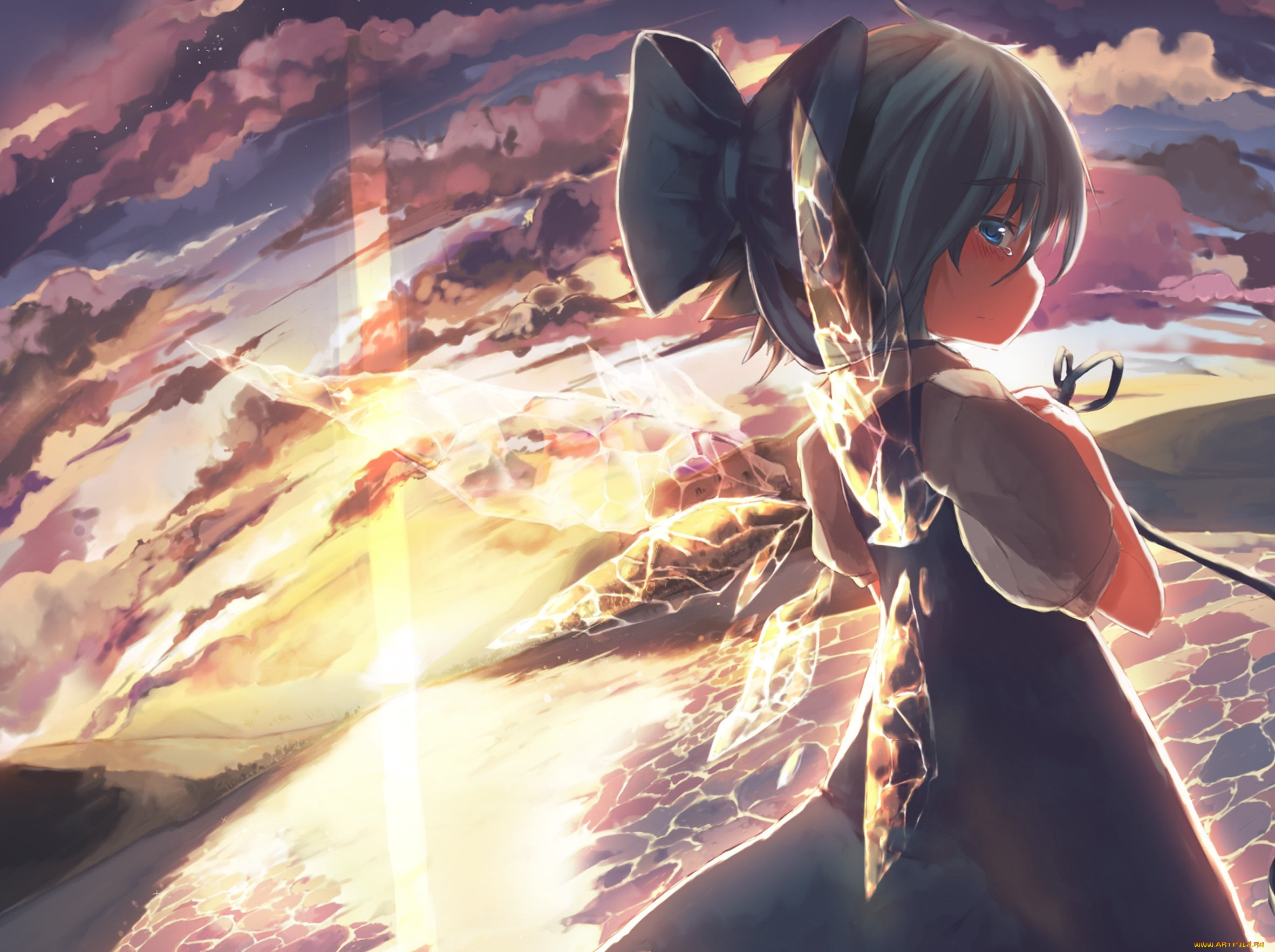 аниме, touhou, арт, крылья, девочка, cirno, ha, ru, небо, море, облака, солнце, закат