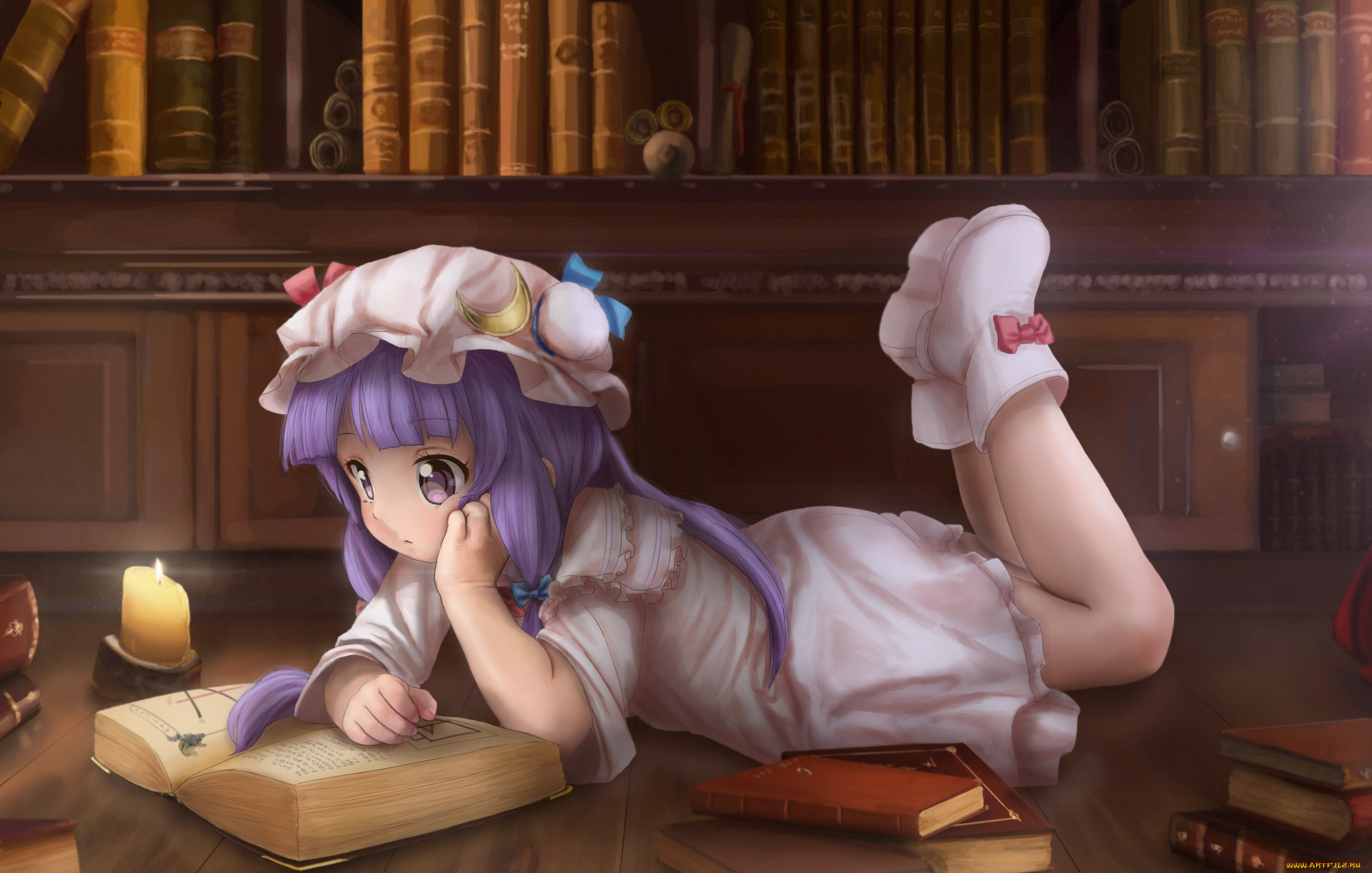 аниме, touhou, девочка, книги, библиотека, арт, novcel, patchouli, knowledge