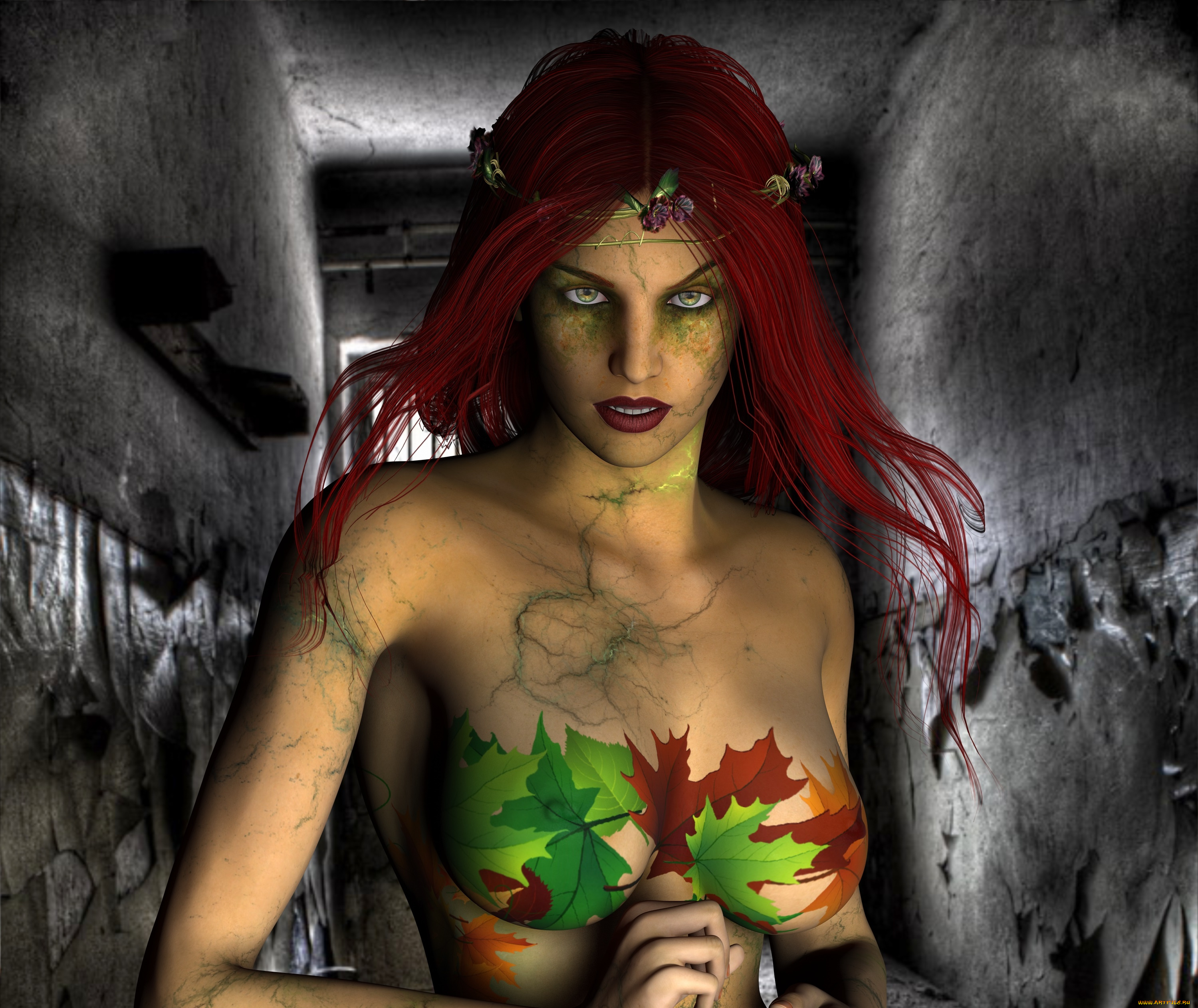 poison, ivy, 3д, графика, люди, , people, рыжая, фон, девушка, взгляд